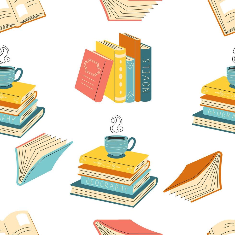 Seamless pattern with Cute hand drawn different stacks and piles of books, open and closed books isolated on white background. vector