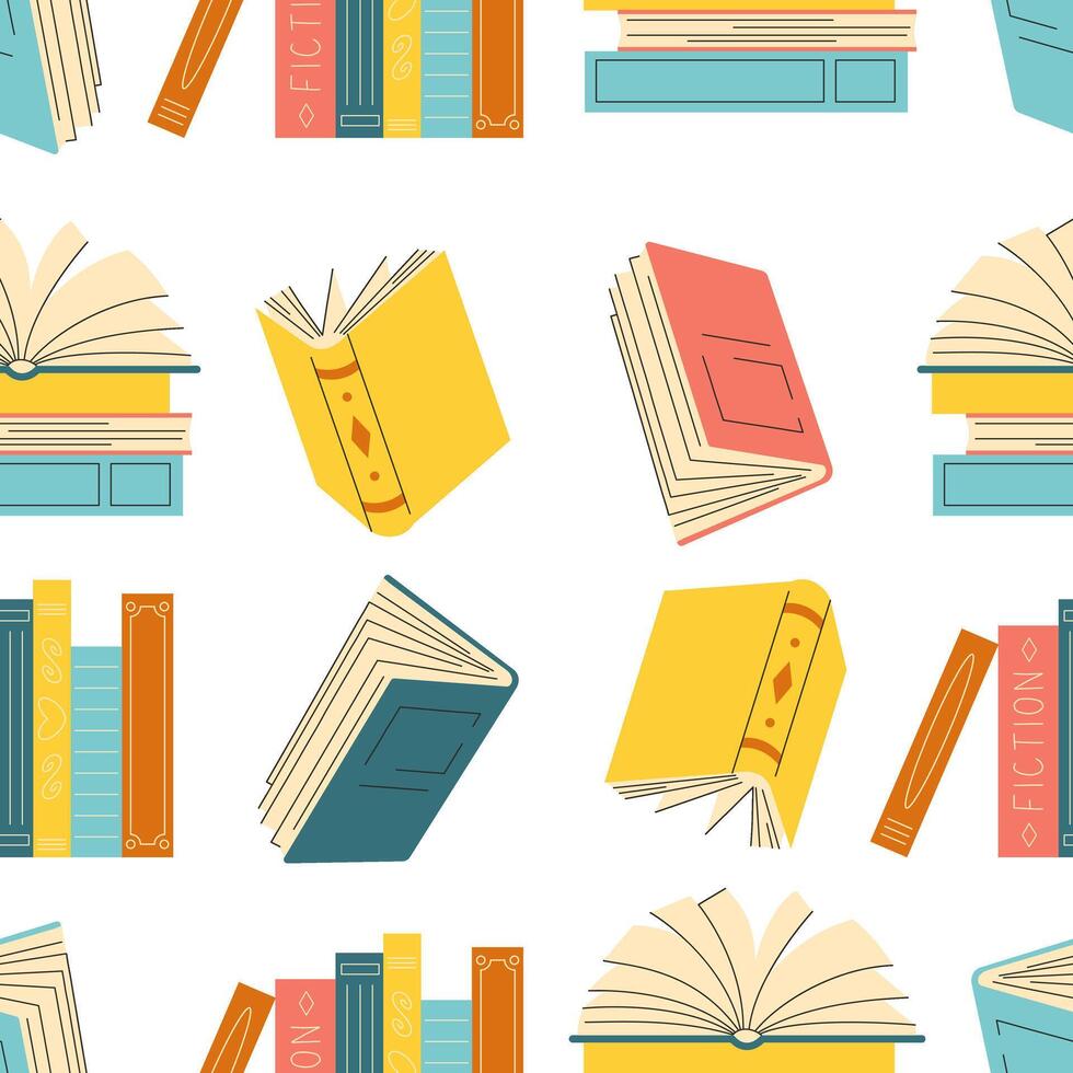 Seamless pattern with hand drawn different stacks and piles of books, open and closed books isolated on white background. vector