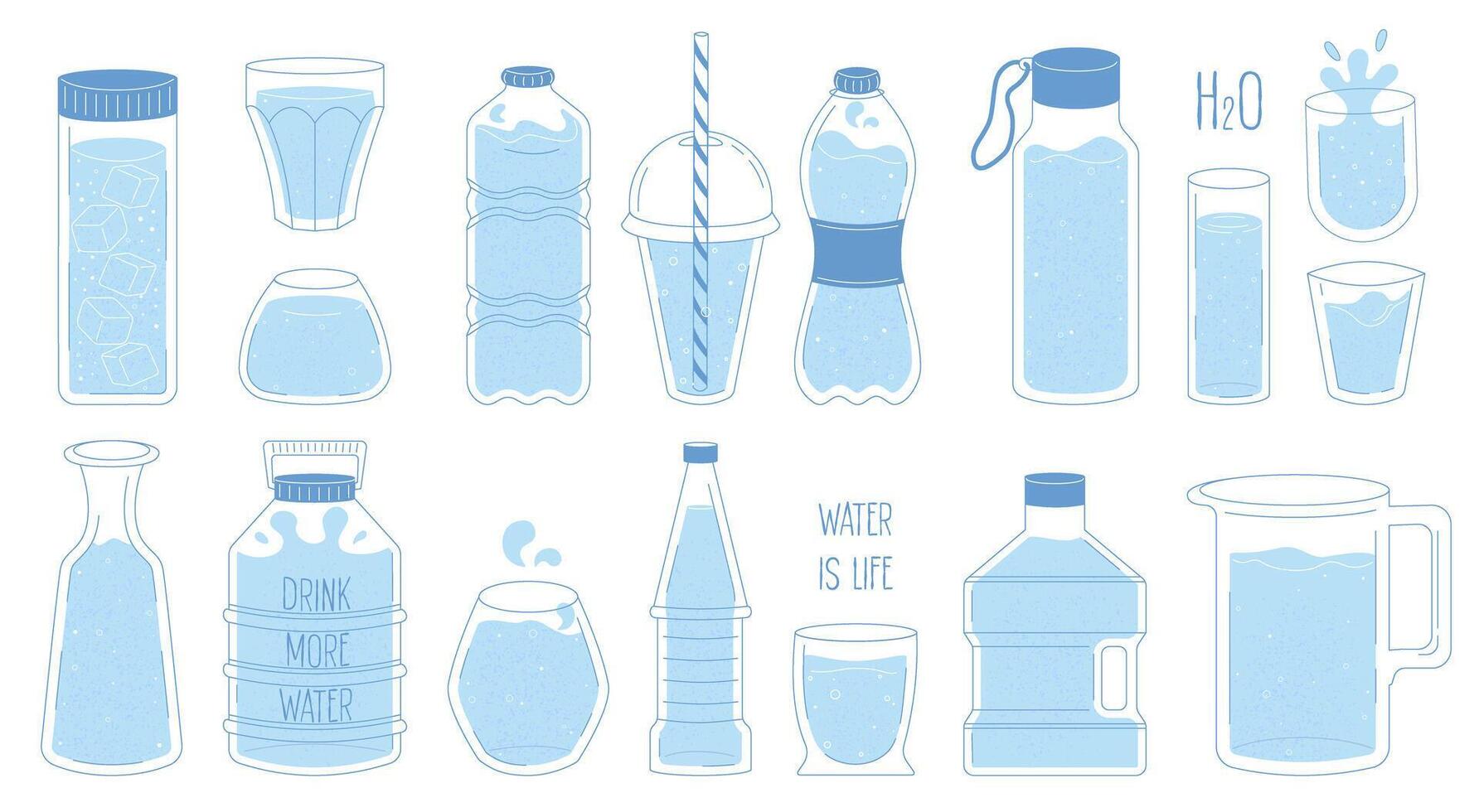 Collection of bottles, glasses, carafes, water jars in different shapes and styles. Set of plastic and glass containers for liquids in blue color. Flat contour style with textures vector
