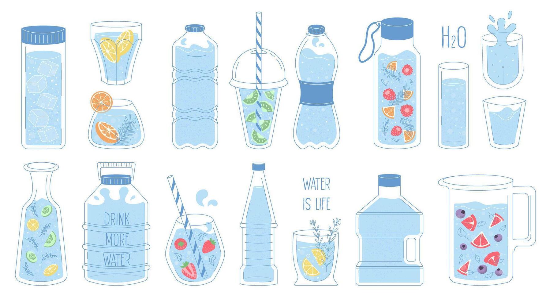 collection of bottles, glasses, decanters, jars of water, fruit and herbs in different shapes. Set of plastic and glass containers with refreshing drinks in blue color. Flat with textures vector
