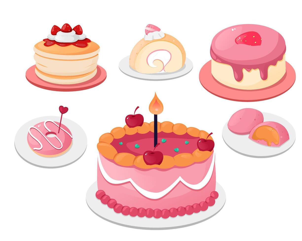 Set of strawberry cake with plates vector