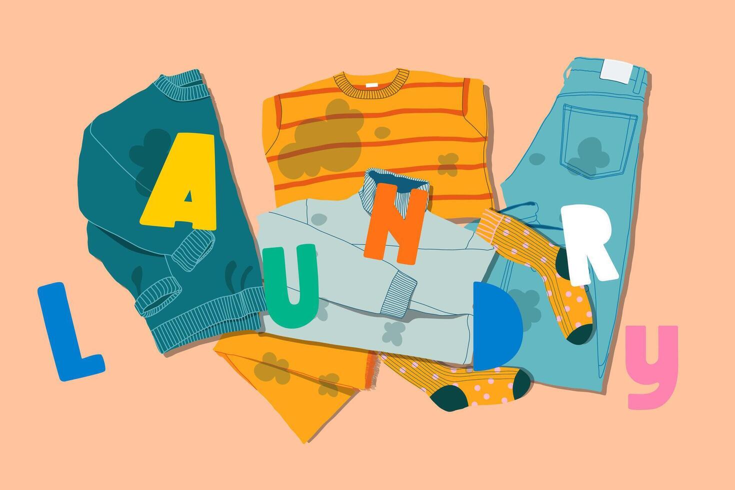 Pile of smelly and dirty clothes. Dirty stinky socks, sweaters and jeans. Sweaty used clothes with bad smell. Cartoon illustration. Laundry concept vector