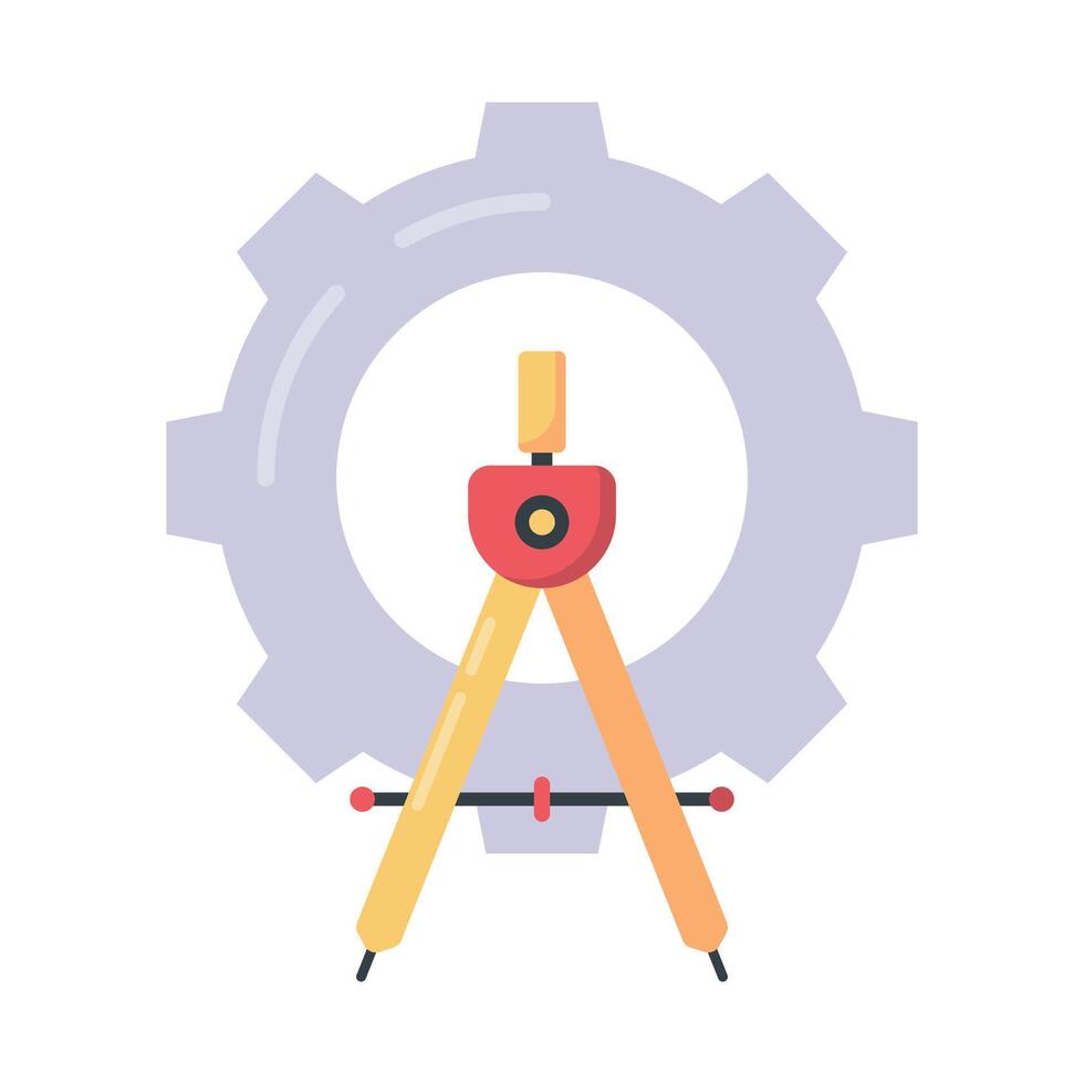 Flat icon of a gear and compass indicating precision engineering and mechanical design. vector