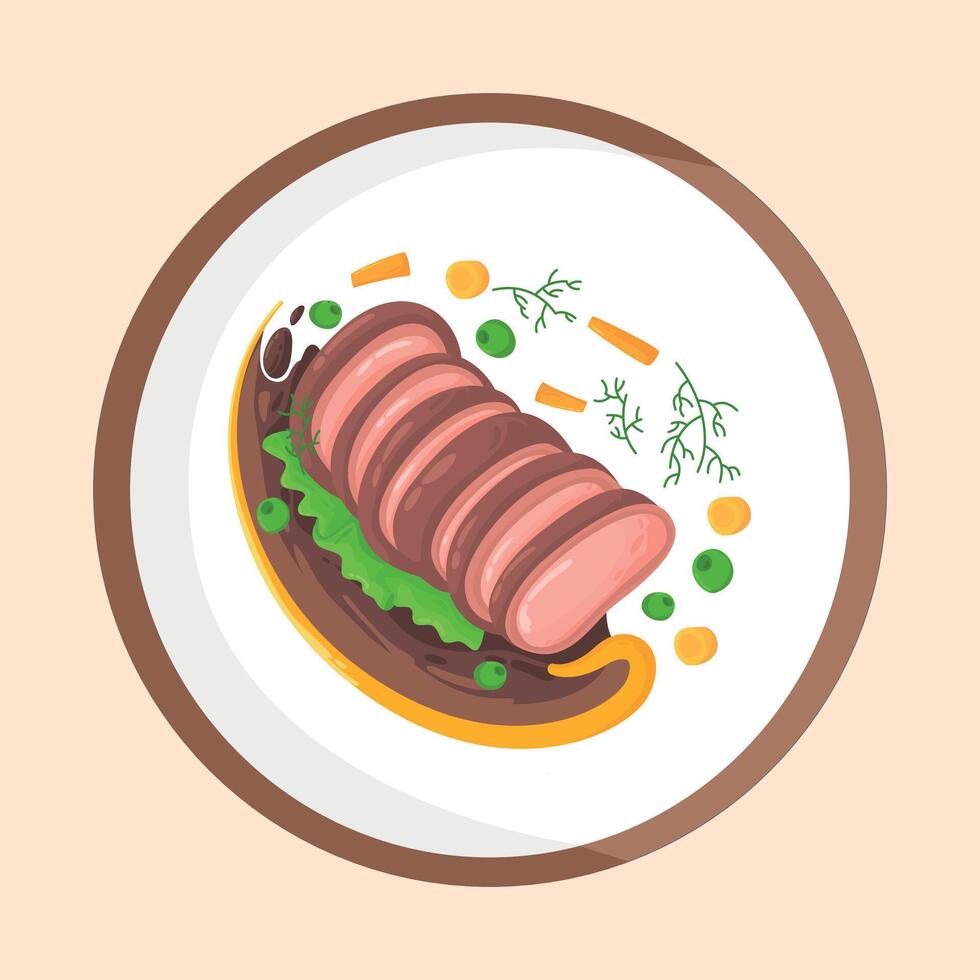 A plate with meat and vegetables on it vector