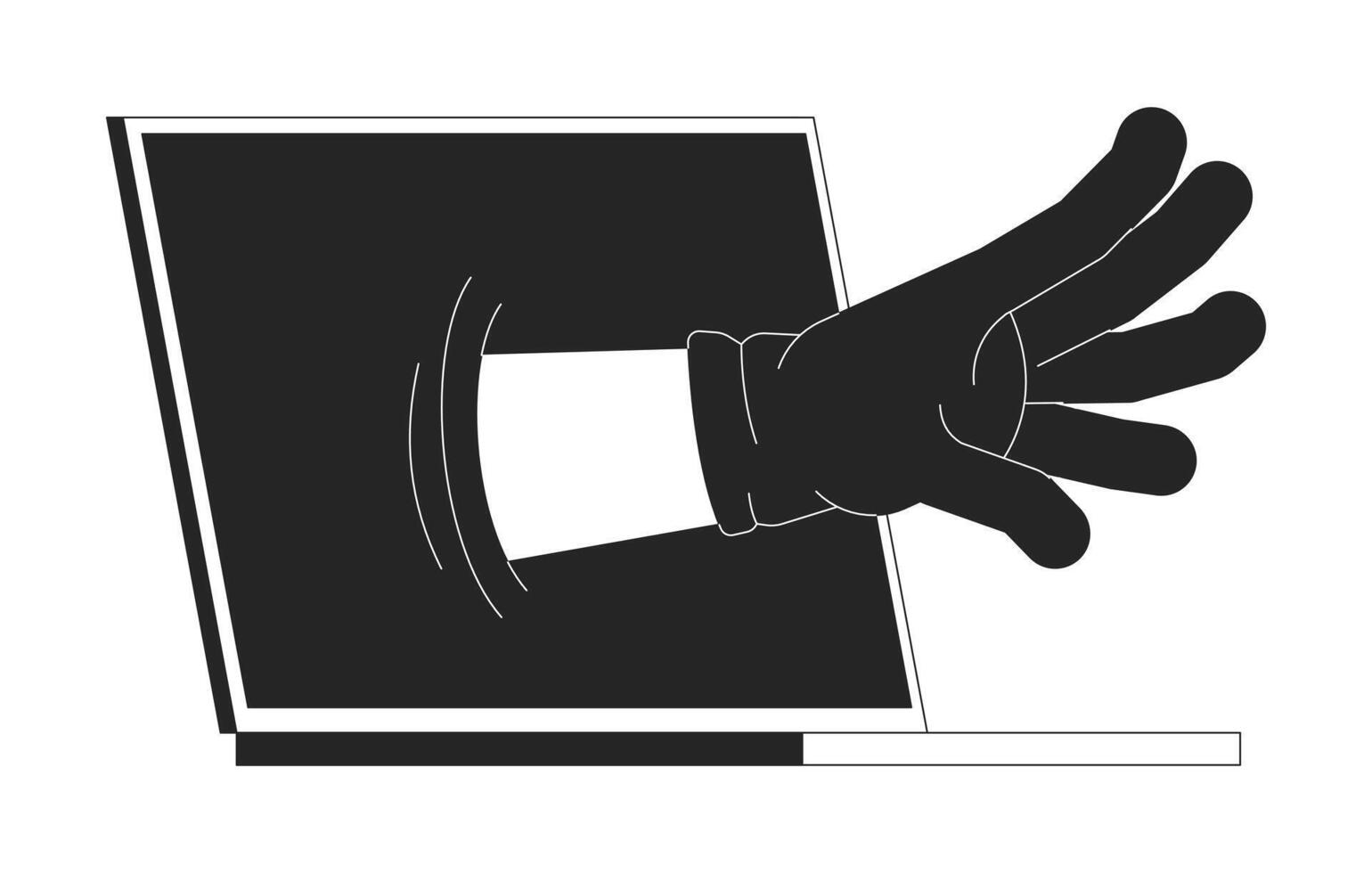 Cyber threat gloved hand reaching from laptop outline illustration. Hacking attempt. Online breach. Unauthorized access. Digital crime isolated 2D image black and white. Linear drawing clip art vector