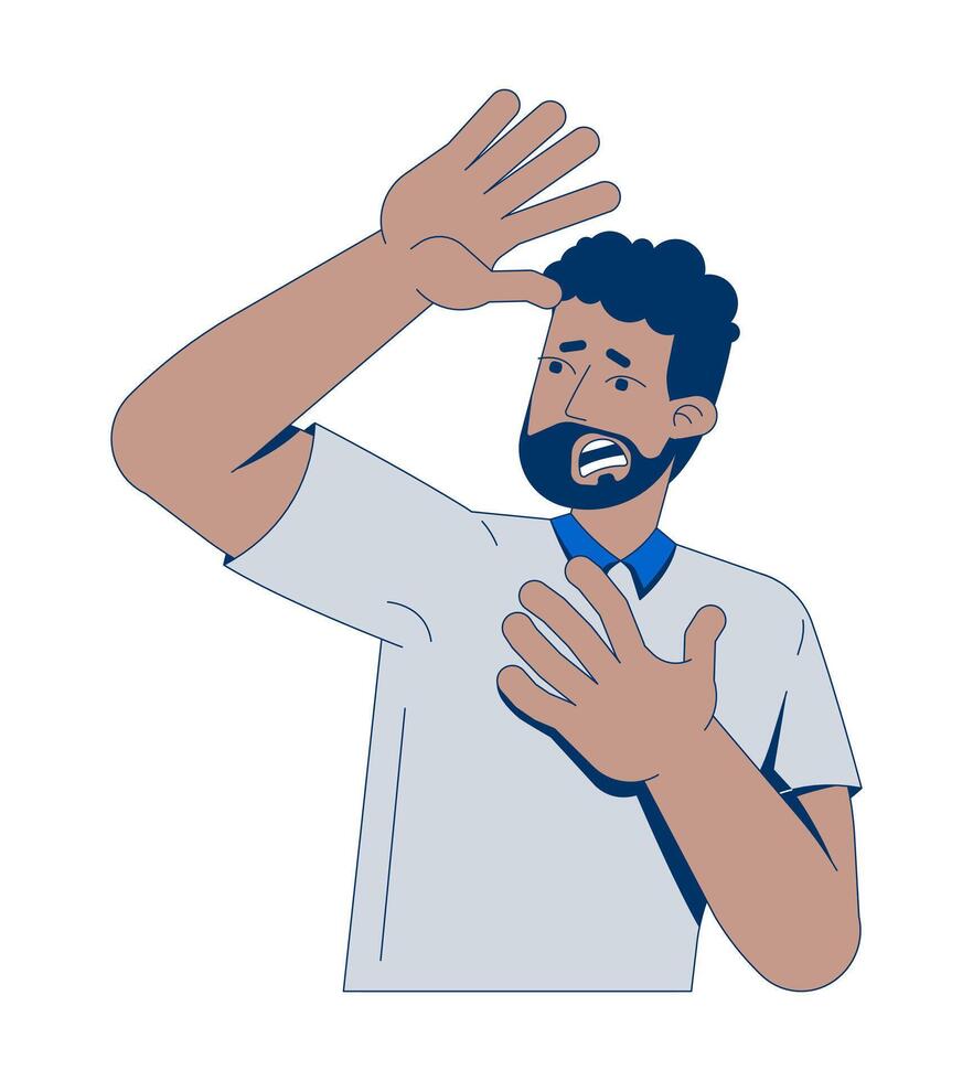 Frightened black man with beard shielding face with hand 2D cartoon character. Anxiety, panic reaction. Scared african american male flat person isolated on white. Spot illustration colorful vector