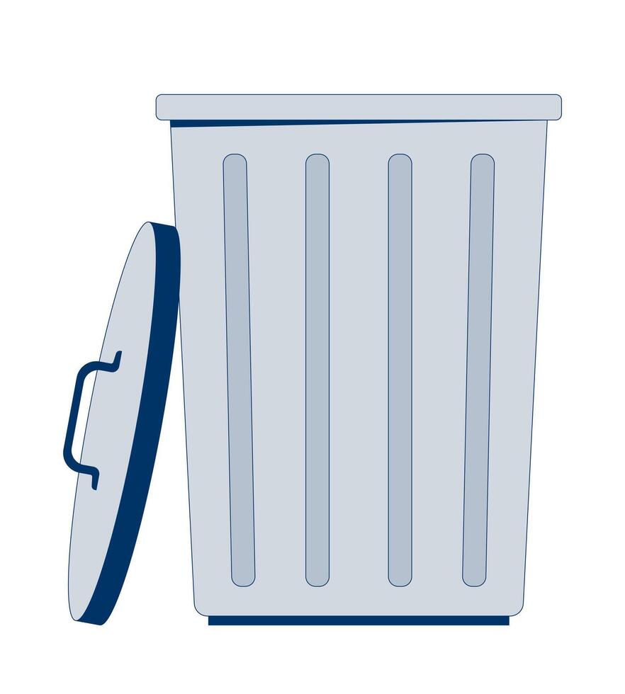 Metal trash can with open lid 2D cartoon object. Garbage bin. Delete icon. Waste disposal. Junk container. Dustbin trashcan isolated element flat clip art on white. Spot illustration vector