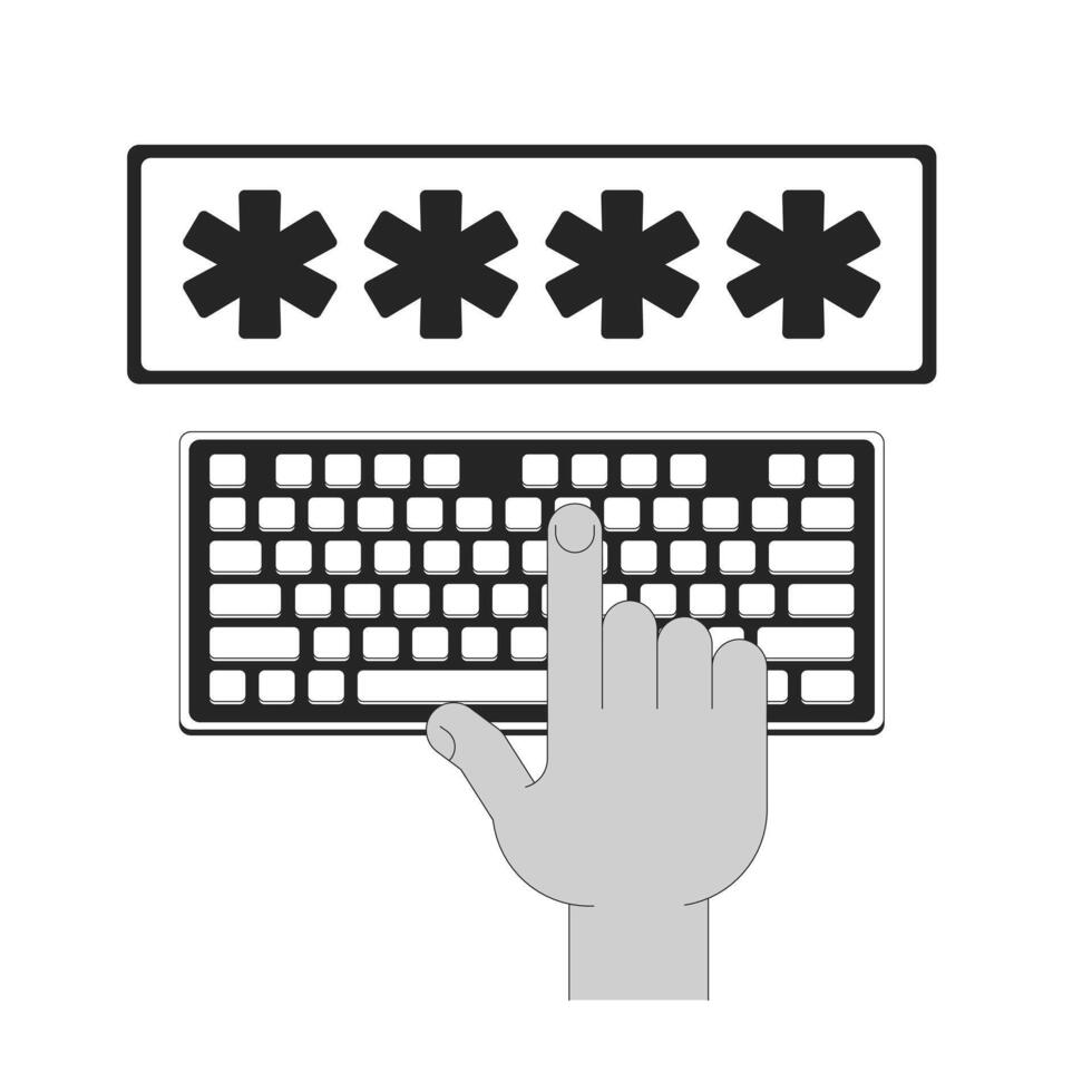Password entry on keyboard outline illustration. User authentication. Hand pressing key on computer keyboard, typing four asterisks isolated 2D image black and white. Linear drawing clip art vector