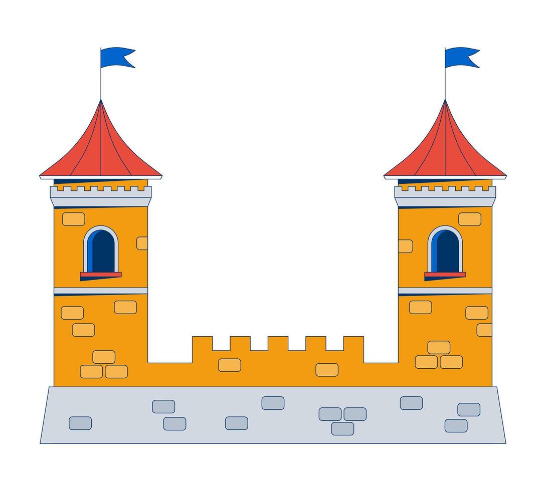 Castle fortress with two towers 2D cartoon object. Fantasy stronghold. Secure fort fortification. Medieval historical architecture isolated element flat clip art on white. Spot illustration vector