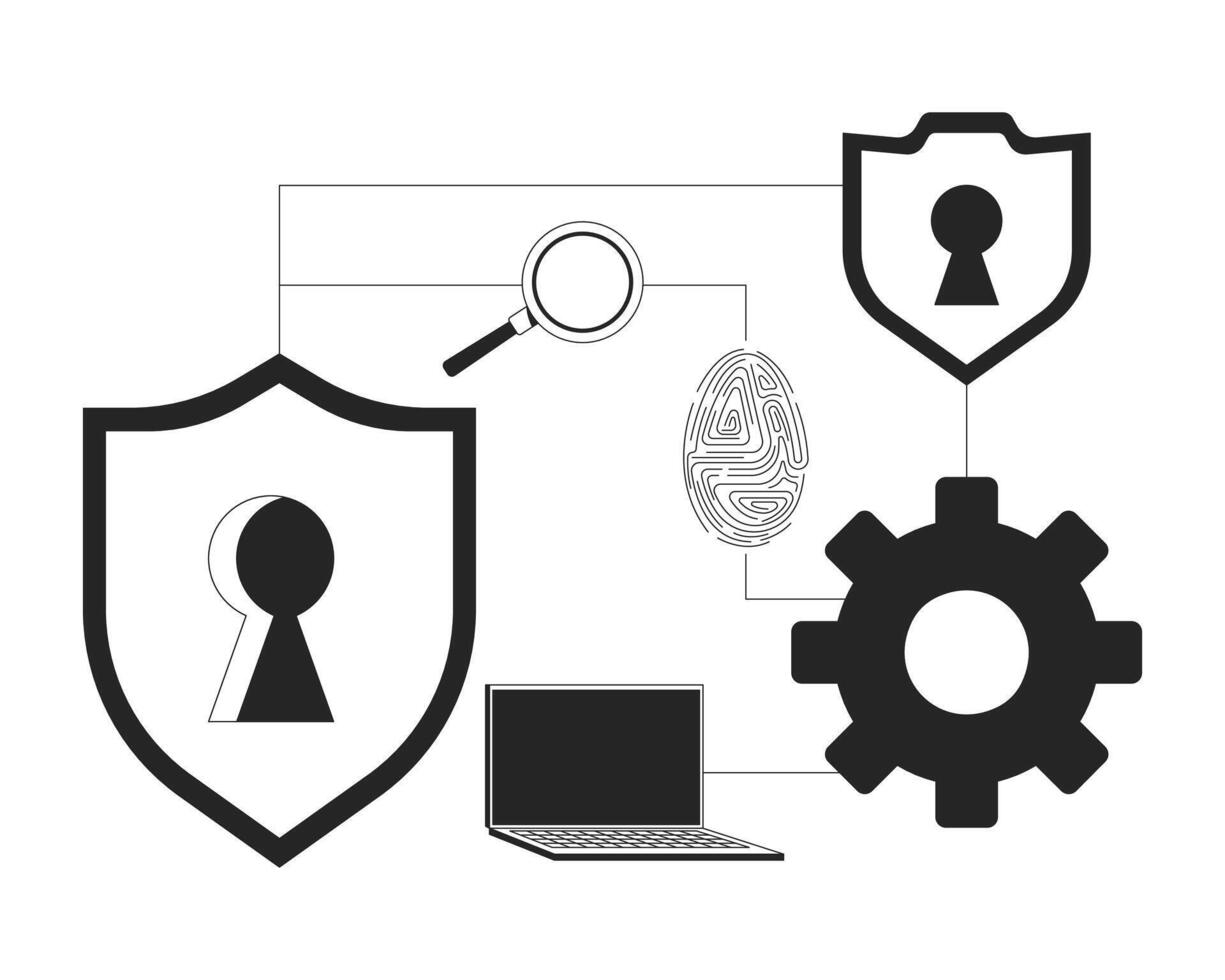 Cybersecurity icons connected network line illustration concept. Shields with keyholes, fingerprint, magnifying glass, laptop, gear outline 2D composition isolated. Ink linear metaphor art vector