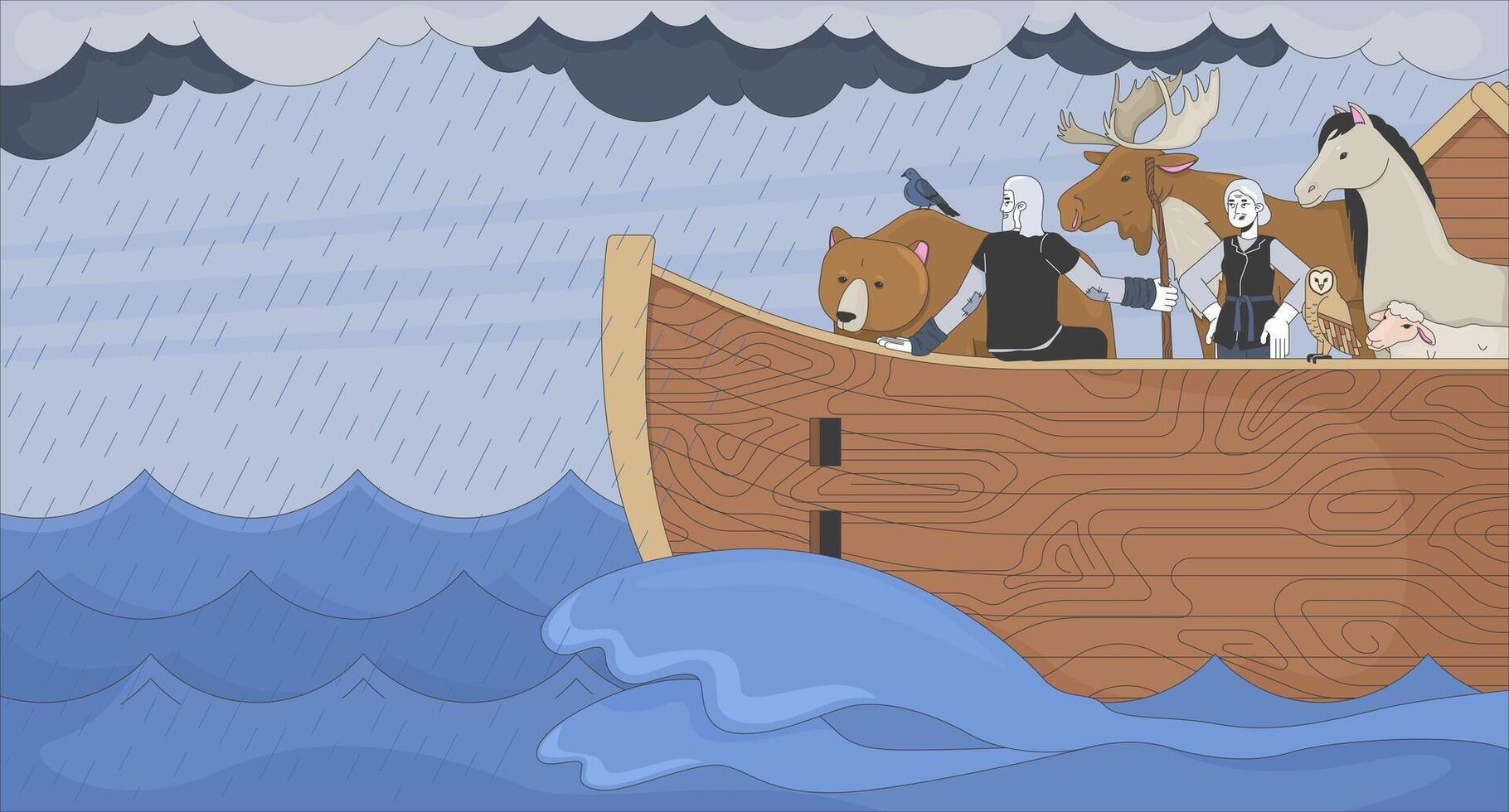 Noah ark sailing through storm with animals 2D cartoon animation. Bible story. Old testament. Deluge myth. Biblical flood rainfall animated flat bible characters 4K background scene storytelling vector
