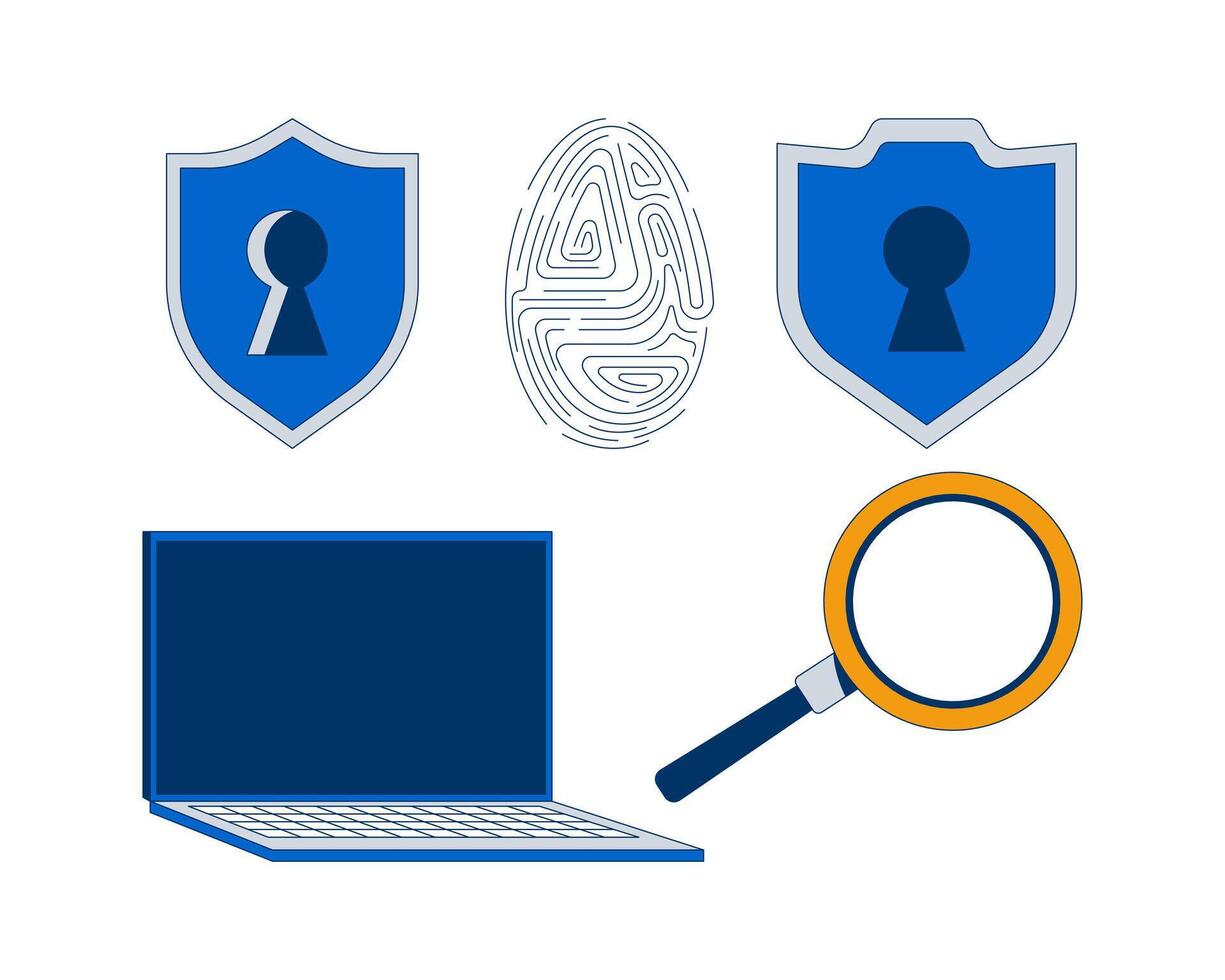 Cybersecurity tools and access control 2D cartoon objects set. Shields keyholes, fingerprint, laptop, magnifying glass isolated elements flat clip arts on white. Spot illustrations collection vector