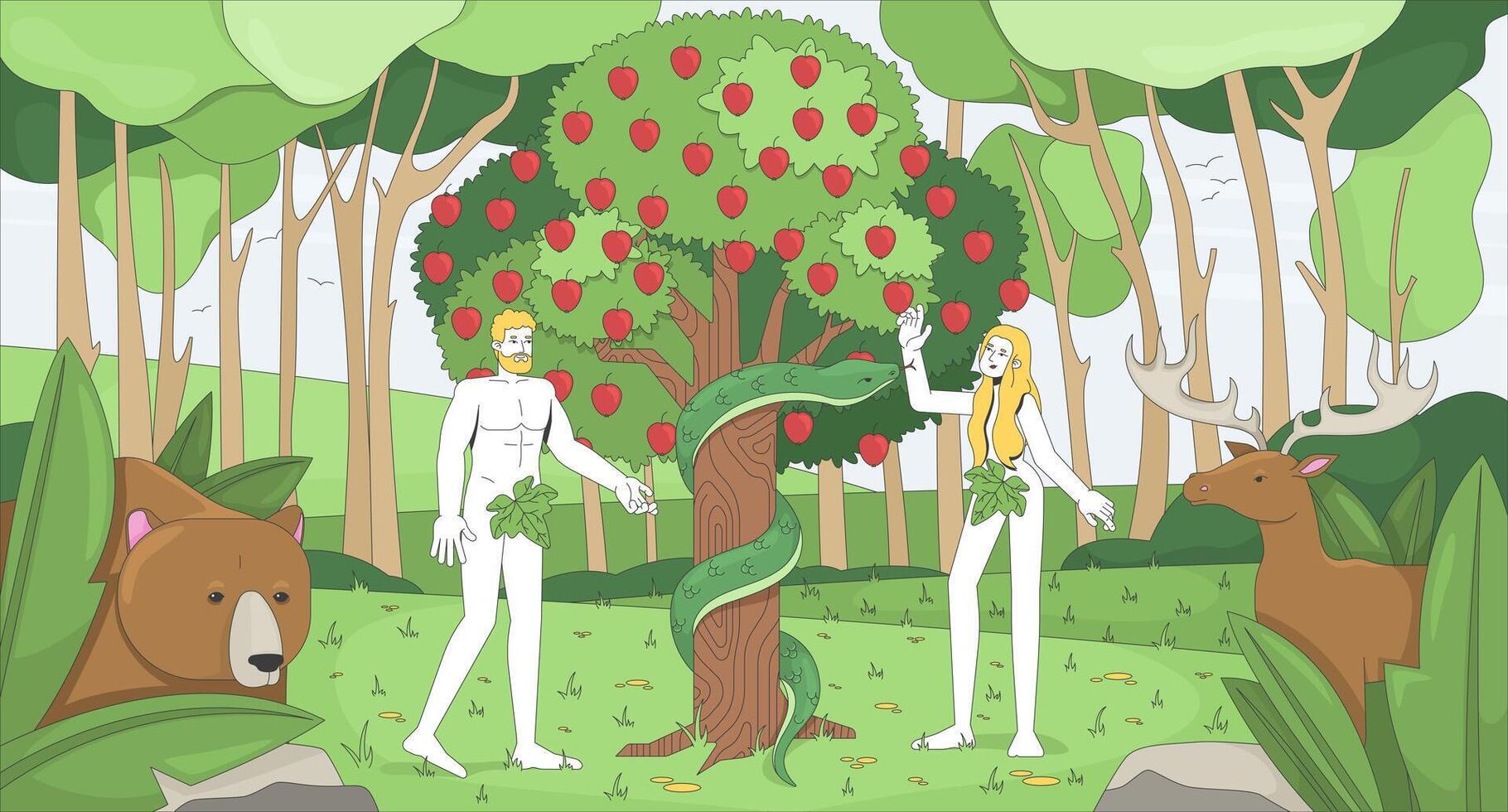 Adam and Eve in Eden garden near good evil knowledge tree 2D cartoon animation. Bible story. Forbidden fruit temptation serpent animated flat bible characters 4K background scene storytelling vector