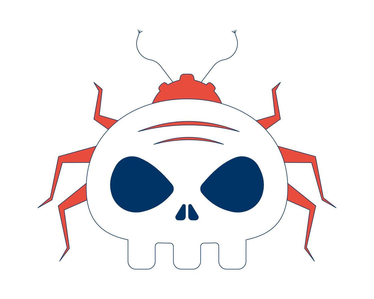 Cyber bug with skull face 2D cartoon object. Malware, computer virus insect. Crawling beetle skeleton head. Cybersecurity threat isolated element flat clip art on white. Spot illustration vector
