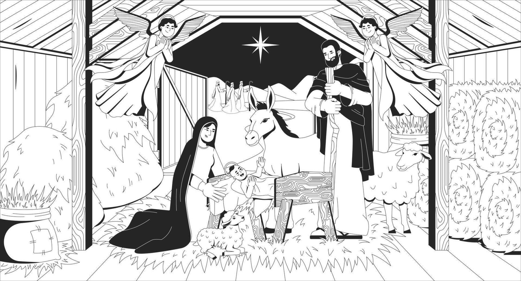 Jesus Christ birth nativity line illustration. Bible story. Stable with holy baby in manger, Mary, Joseph under Bethlehem star 2D ink linear bible characters monochrome. Flat outline image vector