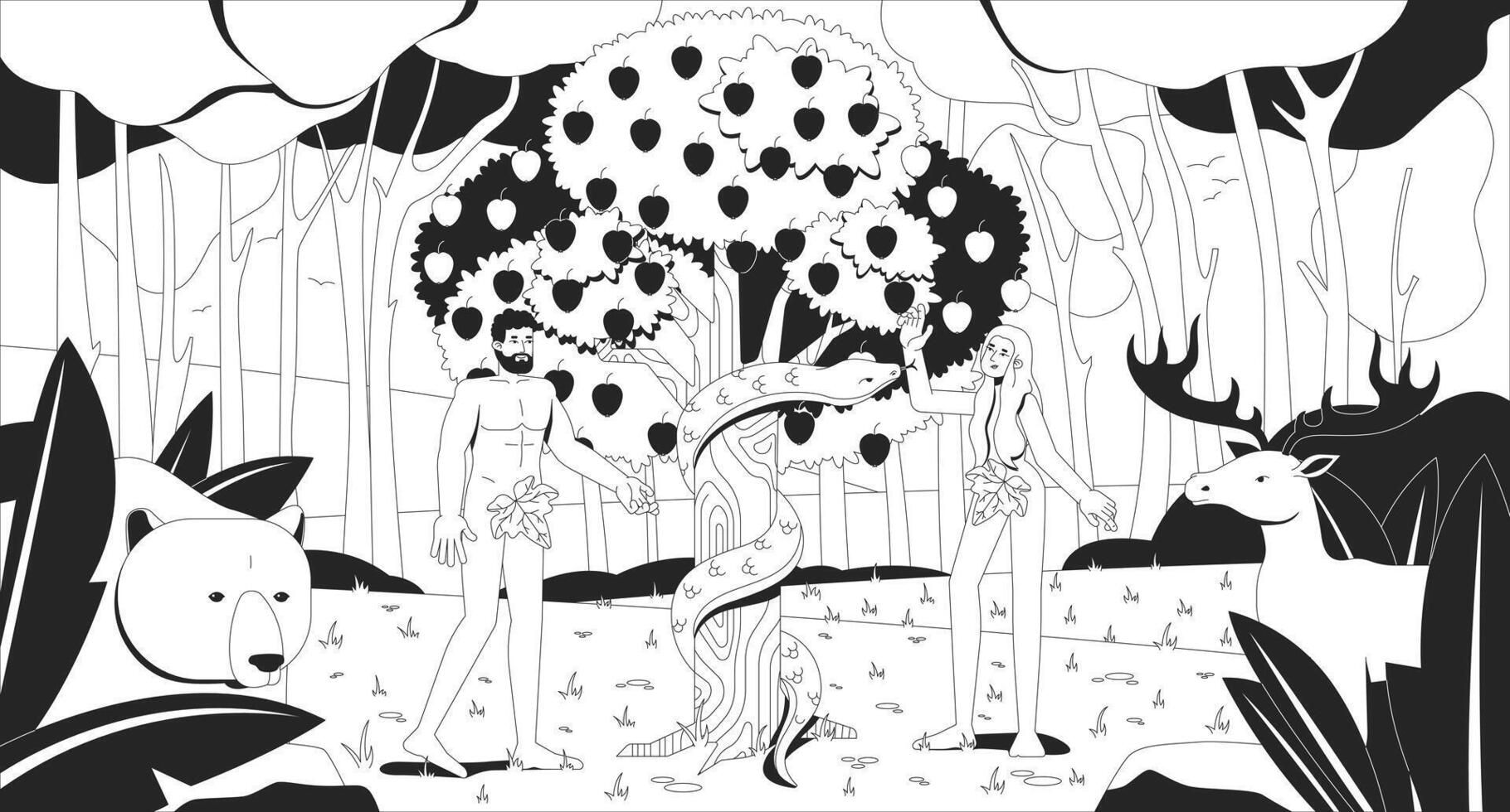 Adam and Eve in Eden garden near good evil knowledge tree line illustration. Bible story. Forbidden fruit temptation serpent 2D ink linear bible characters monochrome. Flat outline image vector