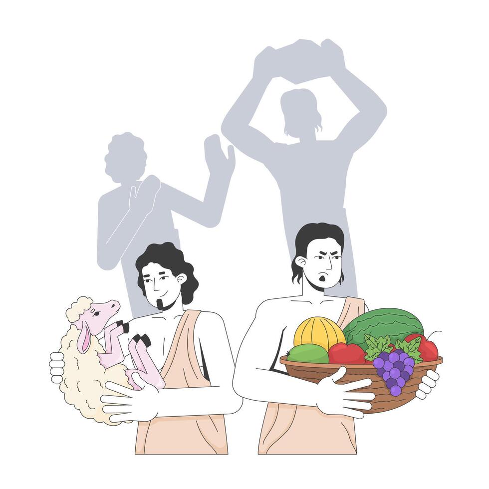 Cain and Abel 2D animation. Bible story. Old testament. Brothers with offerings, first biblical murder silhouette animated bible characters cartoon flat concept metaphor 4K isolated on white vector