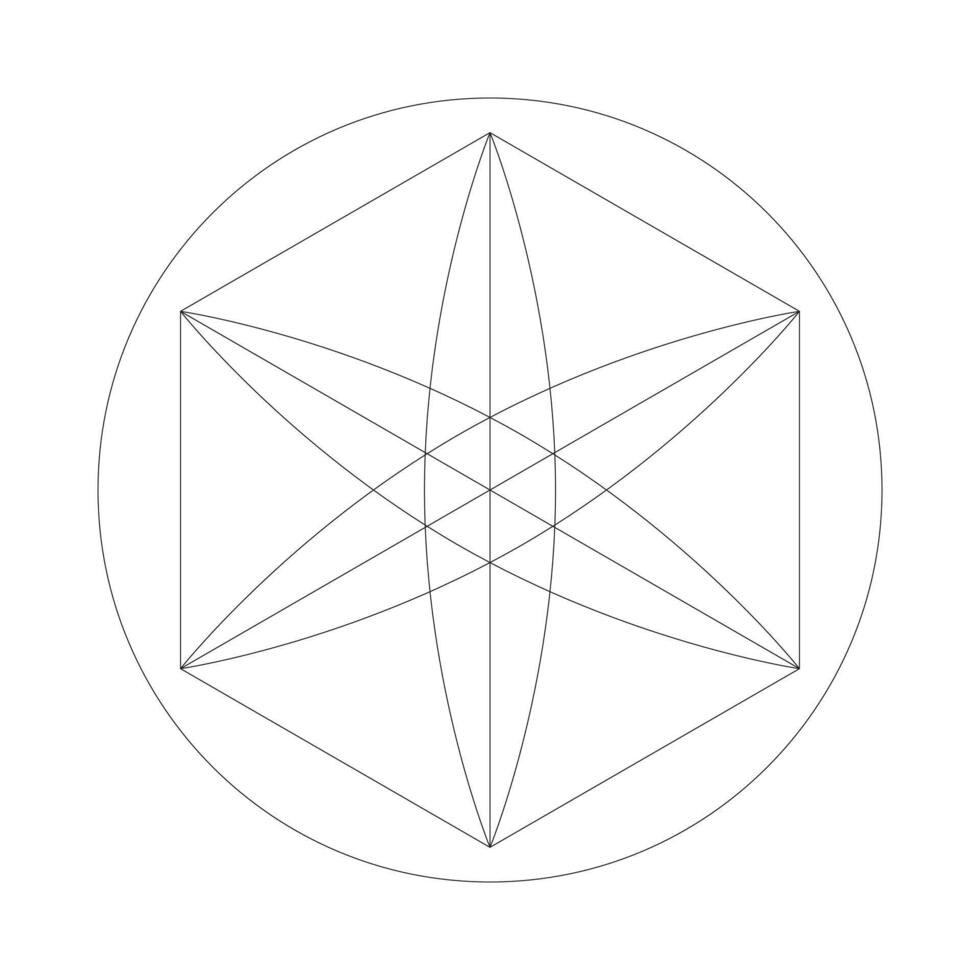 Sacred geometry 2D line object. Geometric abstract intersecting shape. Math diagram. Mandala structure. Symmetrical ornament isolated clipart ink outline item. Monochrome spot illustration vector