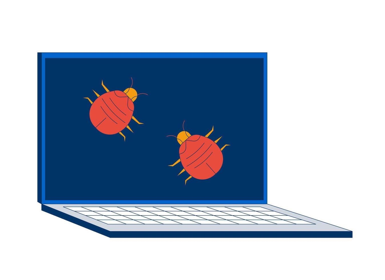Computer bugs crawling on laptop screen 2D cartoon object. Software viruses glitches. Cybersecurity. Malware insects notebook isolated element flat clip art on white. Spot illustration vector