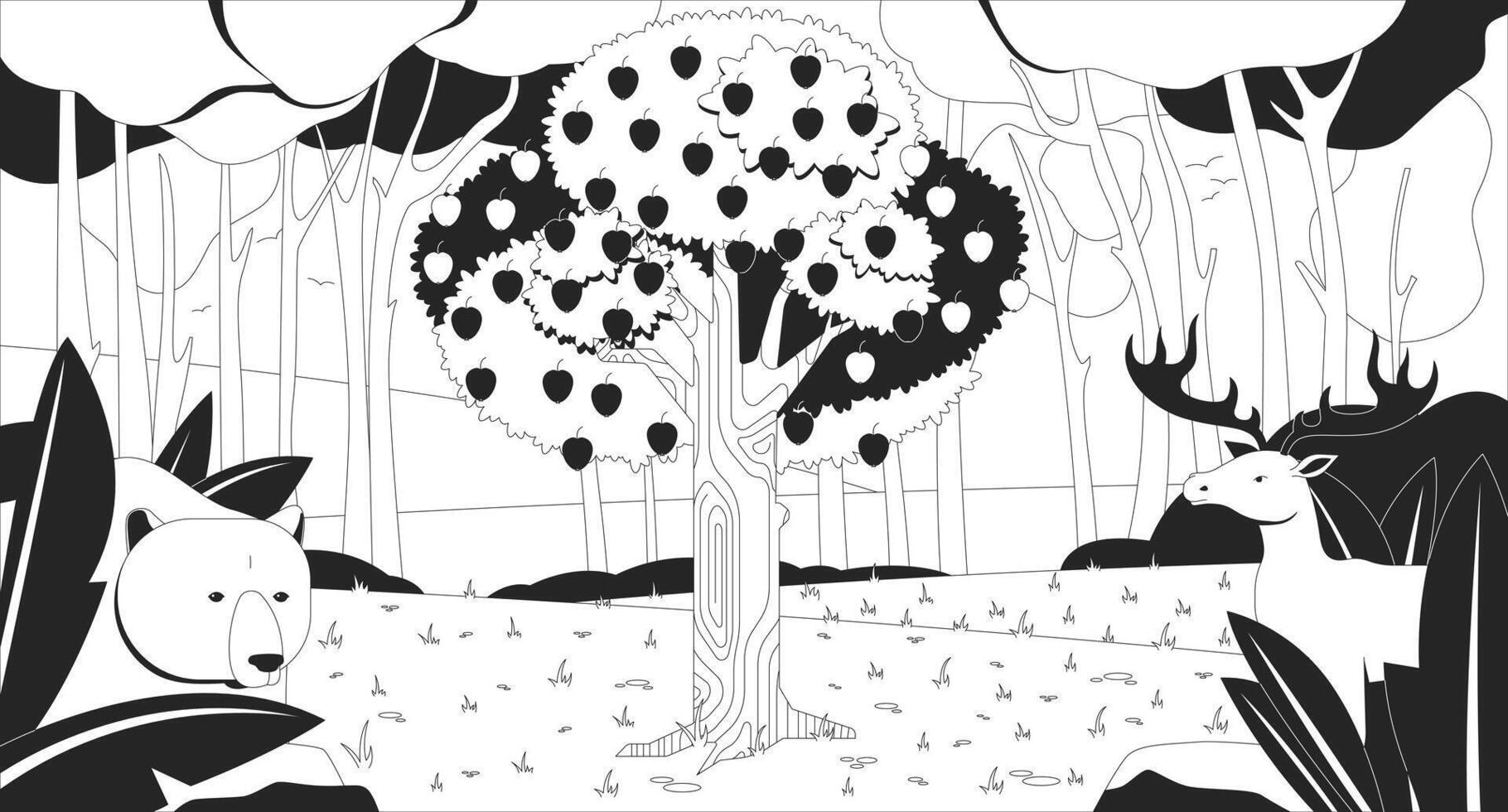 Garden apple tree with forest animals line illustration backdrop. Woodland bear and deer peeking through lush greenery, appletree Eden biblical 2D ink outline monochrome background. Lineart vector