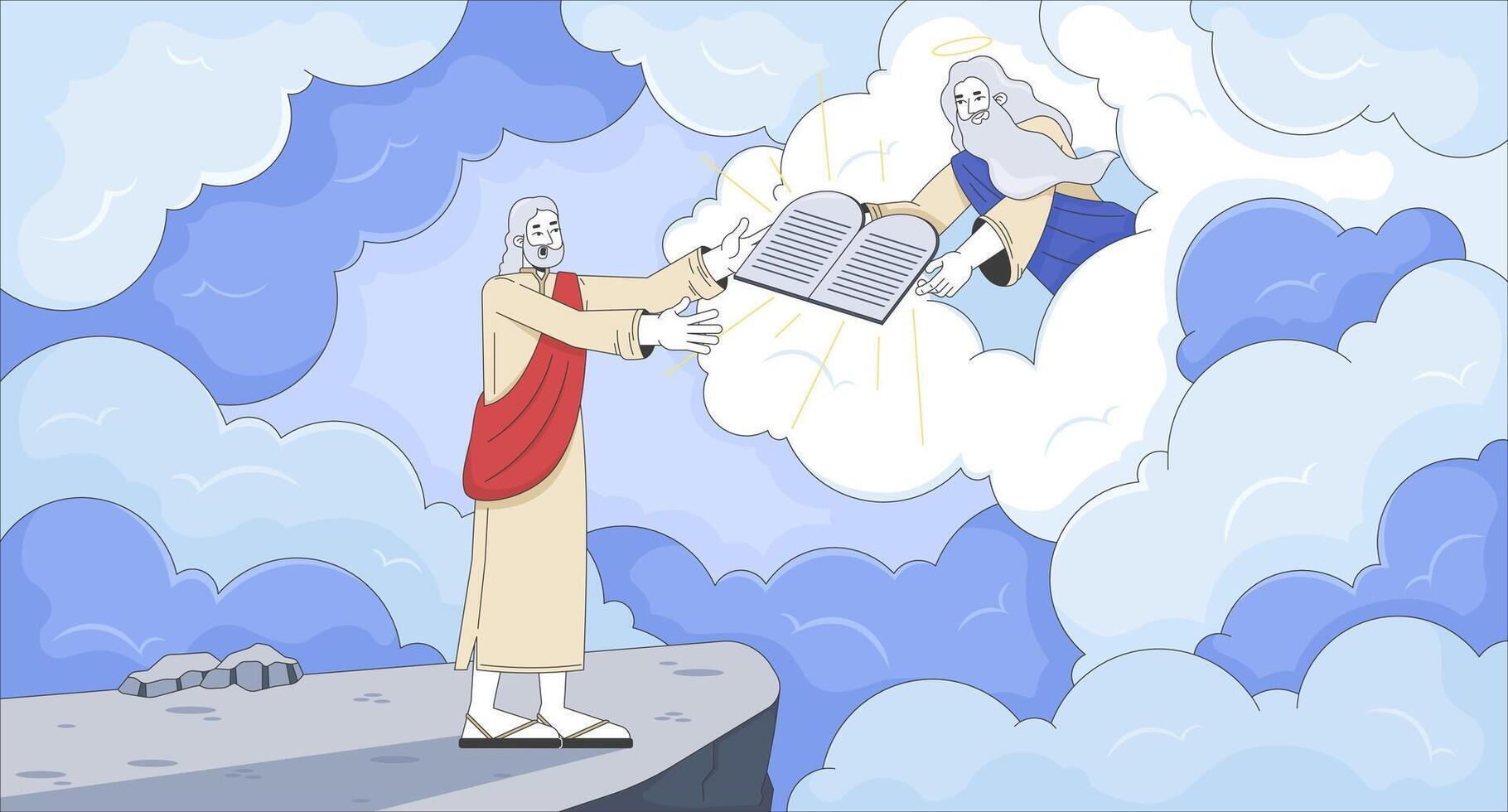 God giving Moses ten commandments 2D cartoon animation. Biblical law. Old testament. Hebrew prophet receiving stone tablets animated flat bible characters 4K background scene storytelling vector