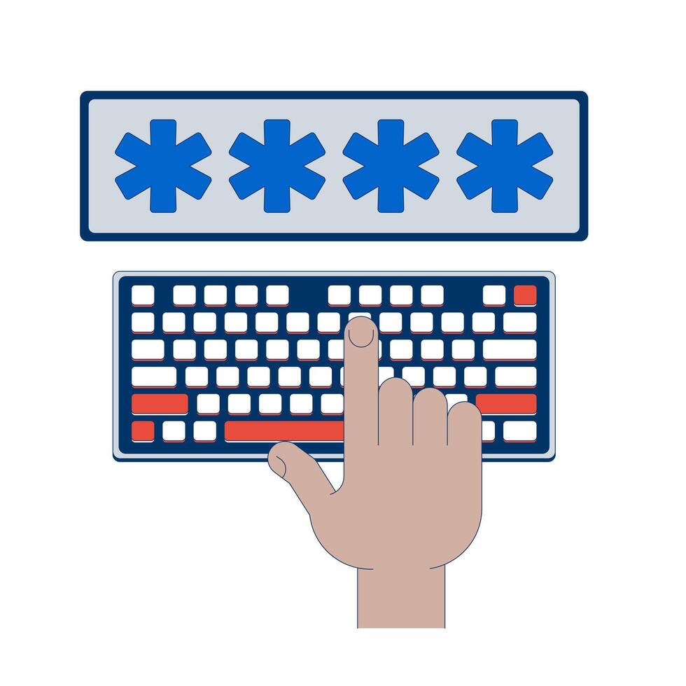 Password entry on keyboard illustration. User authentication. Hand pressing key on computer keyboard, typing four asterisks 2D cartoon image isolated on white. Editable flat clipart colorful vector