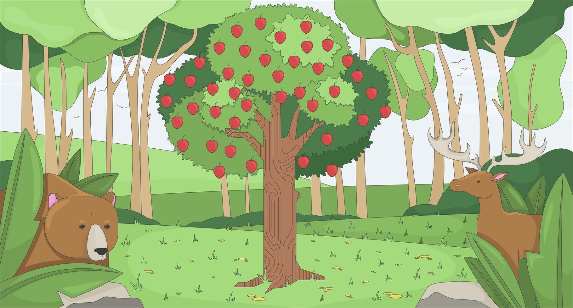Garden apple tree with forest animals flat illustration background. Woodland bear and deer peeking through lush greenery, appletree Eden biblical 2D cartoon backdrop. Colorful scene art image vector