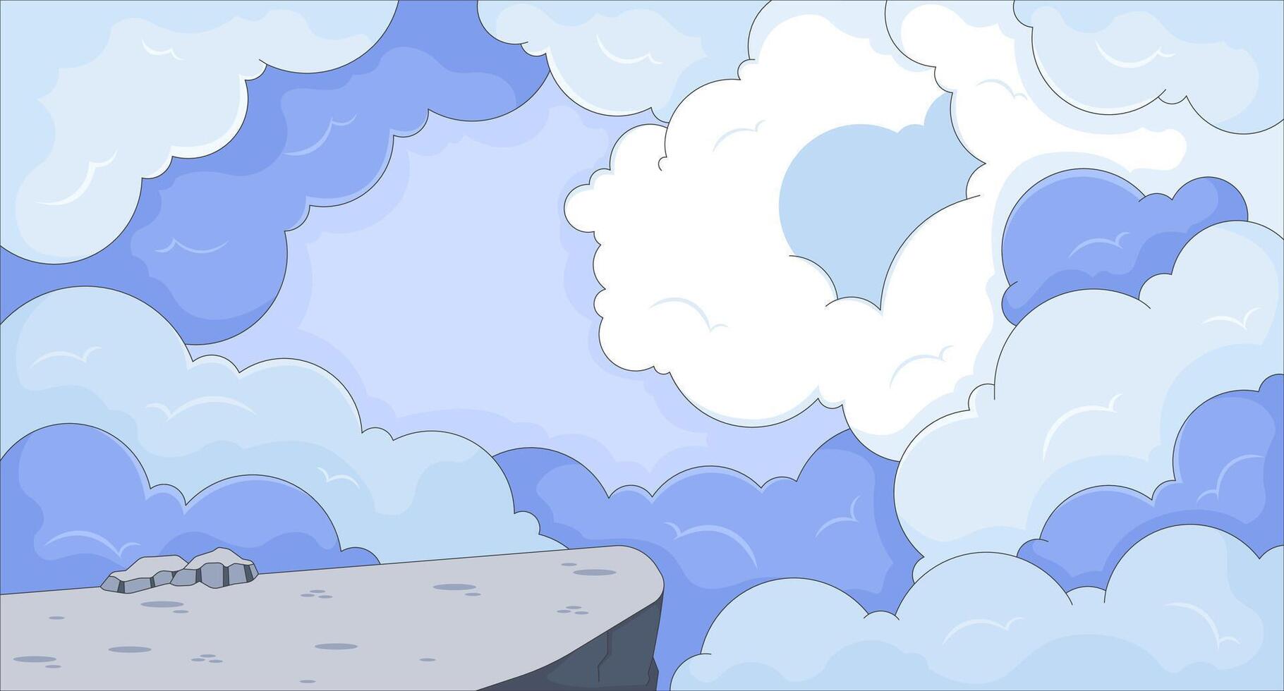 Rocky cliff edge against sky with heavenly fluffy clouds flat illustration background. Divine heaven. Dreamy cloudscape fantasy landscape 2D cartoon backdrop. Colorful scene art image vector