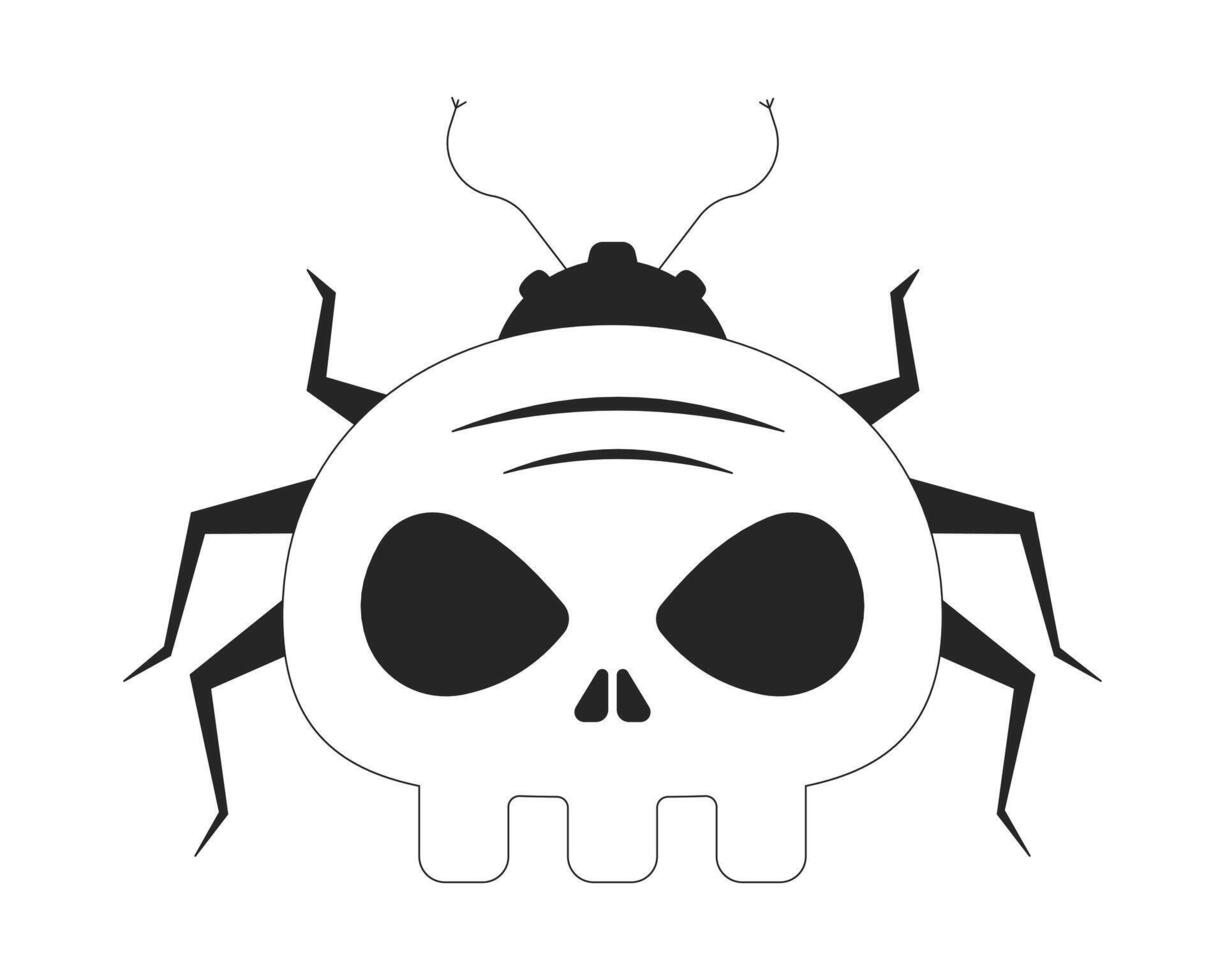 Cyber bug with skull face 2D line object. Malware, computer virus insect. Crawling beetle skeleton head. Cybersecurity threat isolated clipart ink outline item. Monochrome spot illustration vector