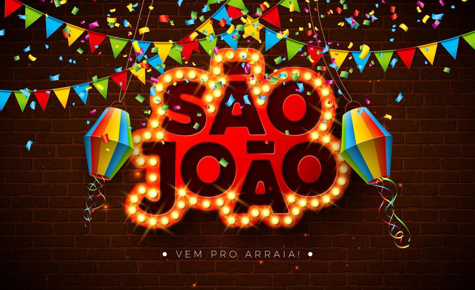 Festa Junina Banner Illustration with Paper Lantern, Party Flags and Sao Joao Light Bulb Billboard Letter on Brick Wall Background. Brazil June Festival Design Template for Post Card, Greeting vector