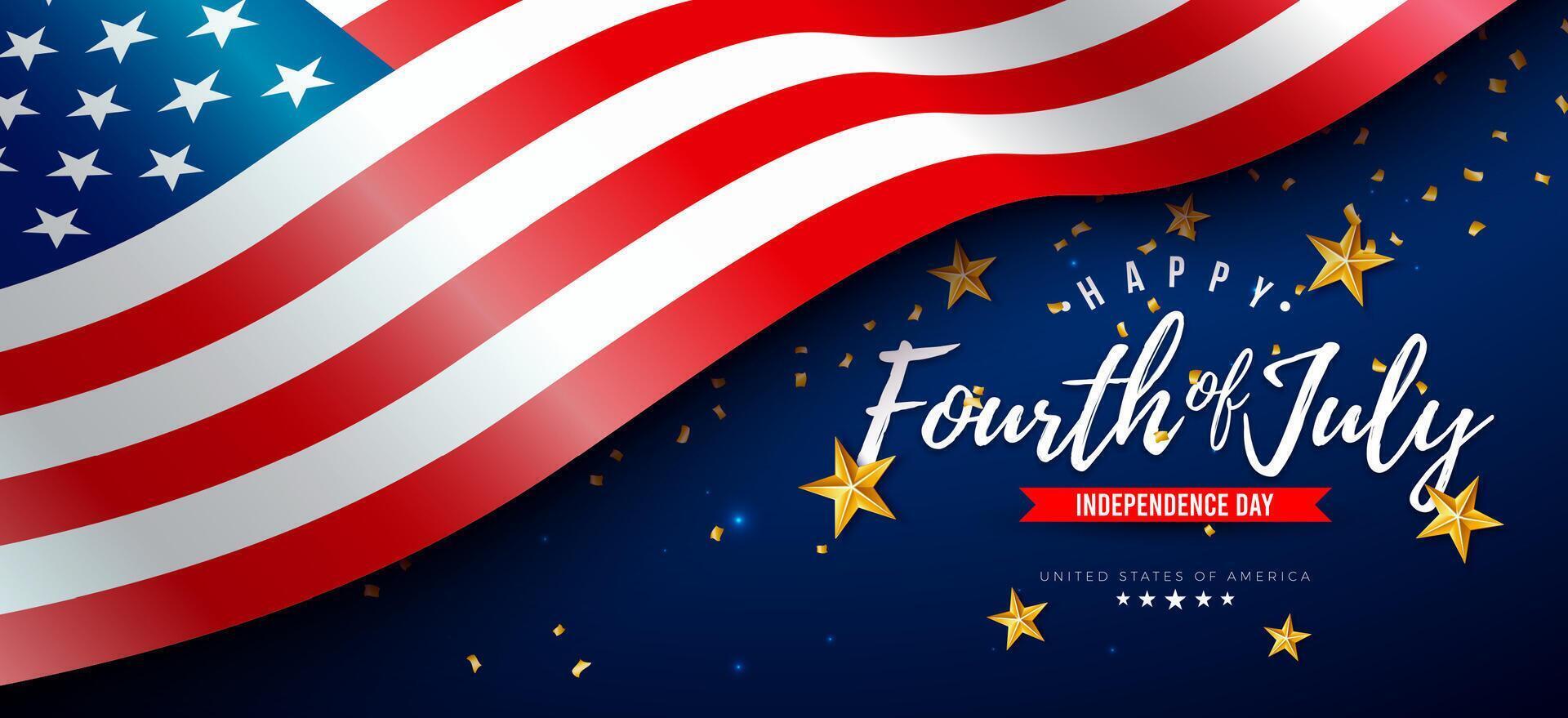 4th of July Independence Day of the USA Illustration with American Flag, Gold Star and Falling Confetti on Blue Background. Fourth of July National Celebration Design with Typography Letter for vector
