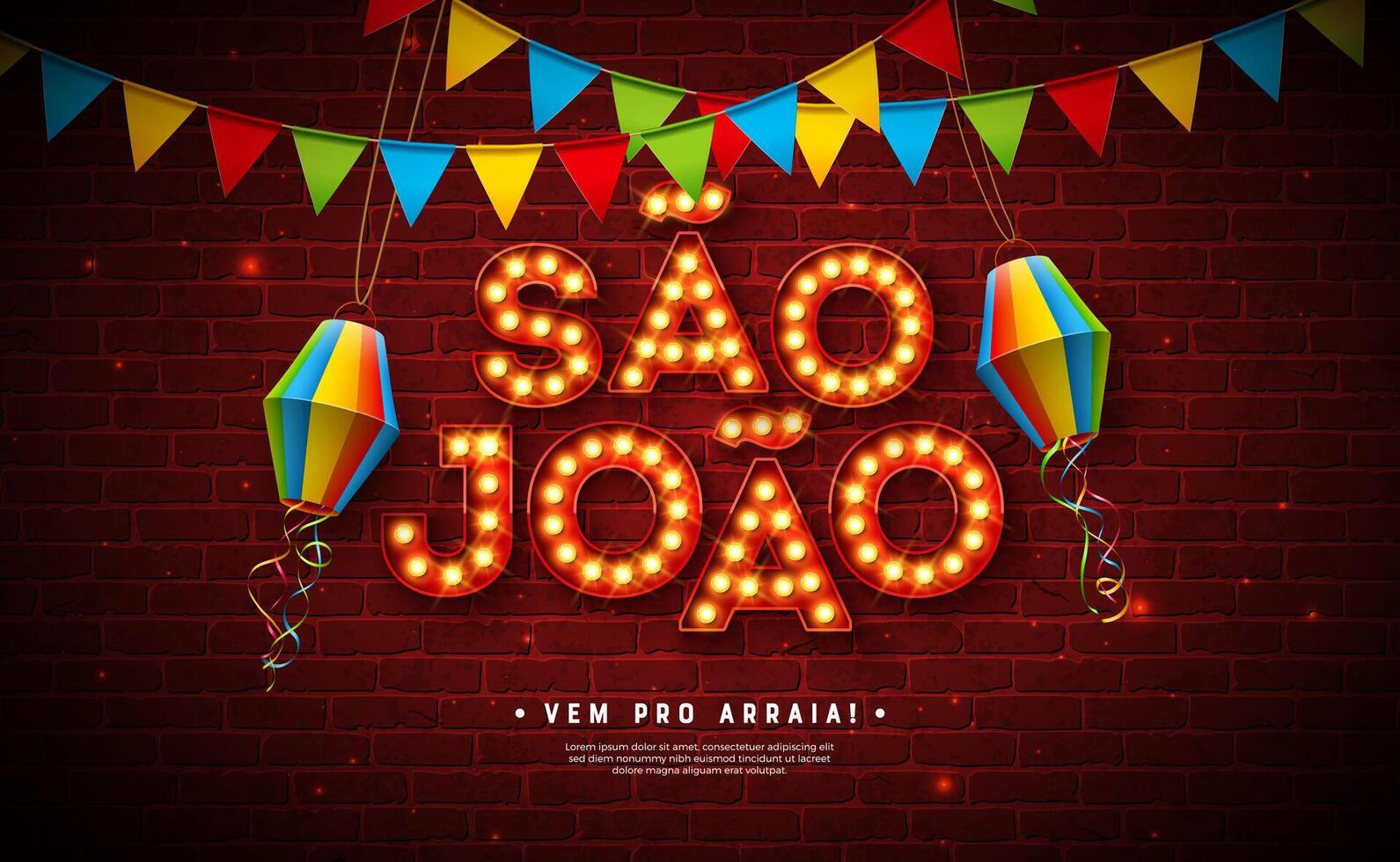 Festa Junina Illustration with Paper Lantern, Party Flags and Glowing Light Bulb Letter on Vintage Brick Wall Background. Brazil June Sao Joao Festival Design with Typography for Banner vector