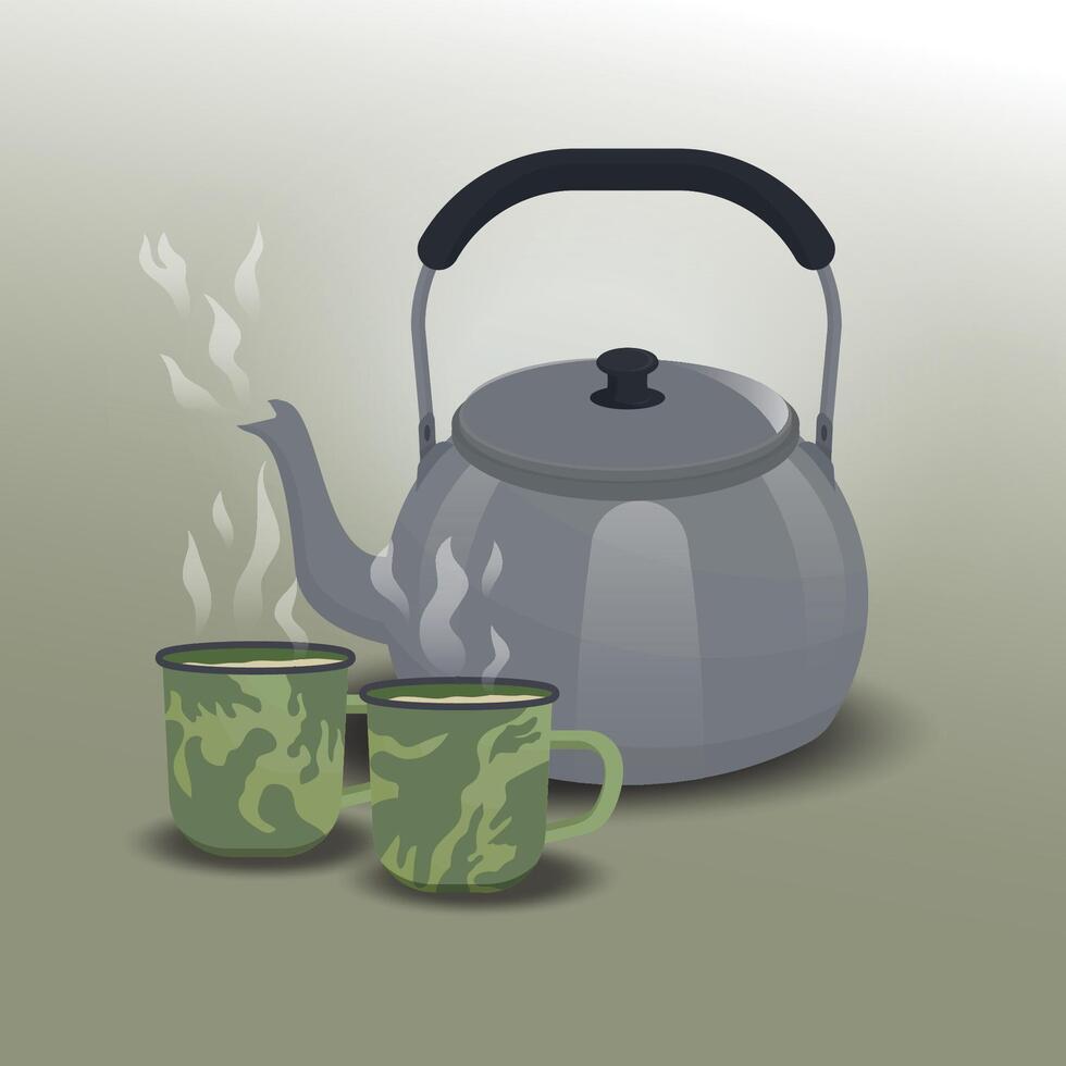 Kettle with two cups of warm water illustration vector