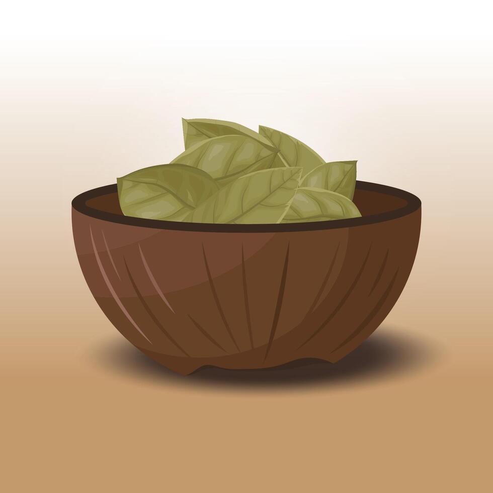 Bay leaves in coconut shell illustration vector