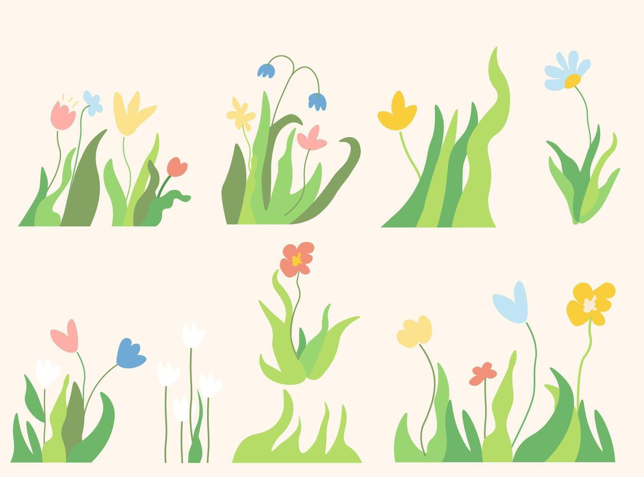 flowers and grassy spring summer set vector