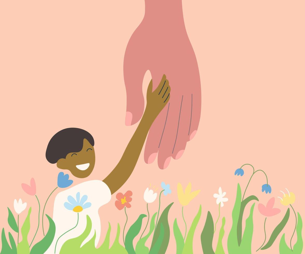 father holding kid by hand in doodle style vector