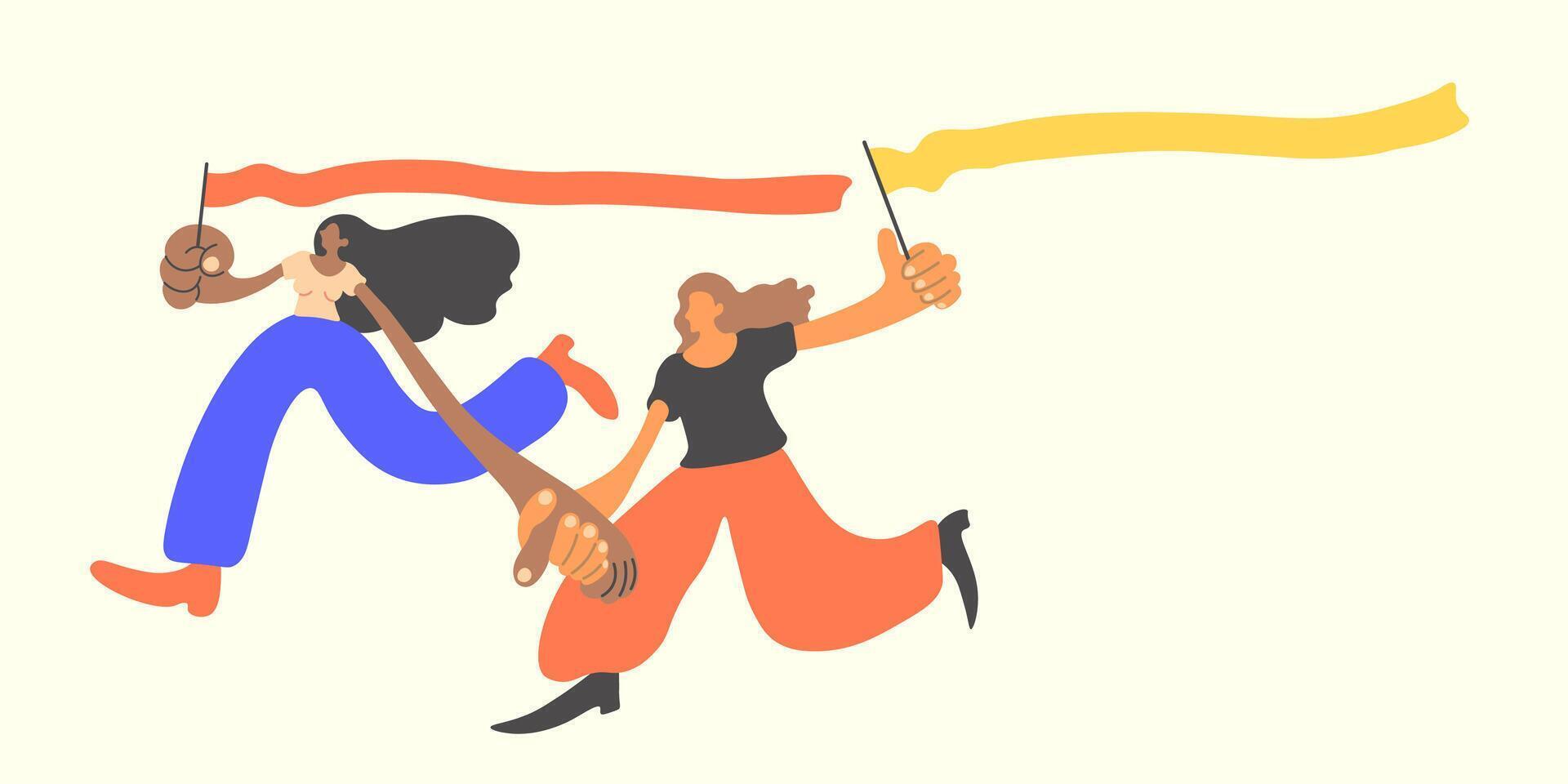 female friends running together in doodle style vector