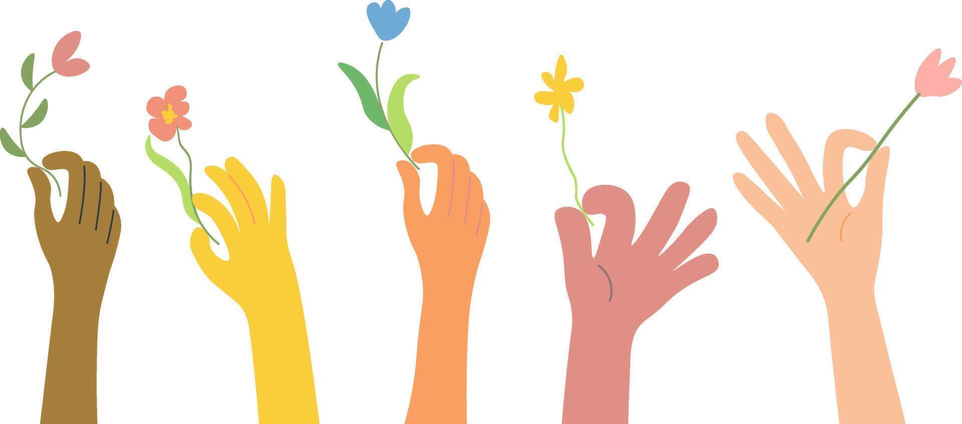 people hands with flowers vector