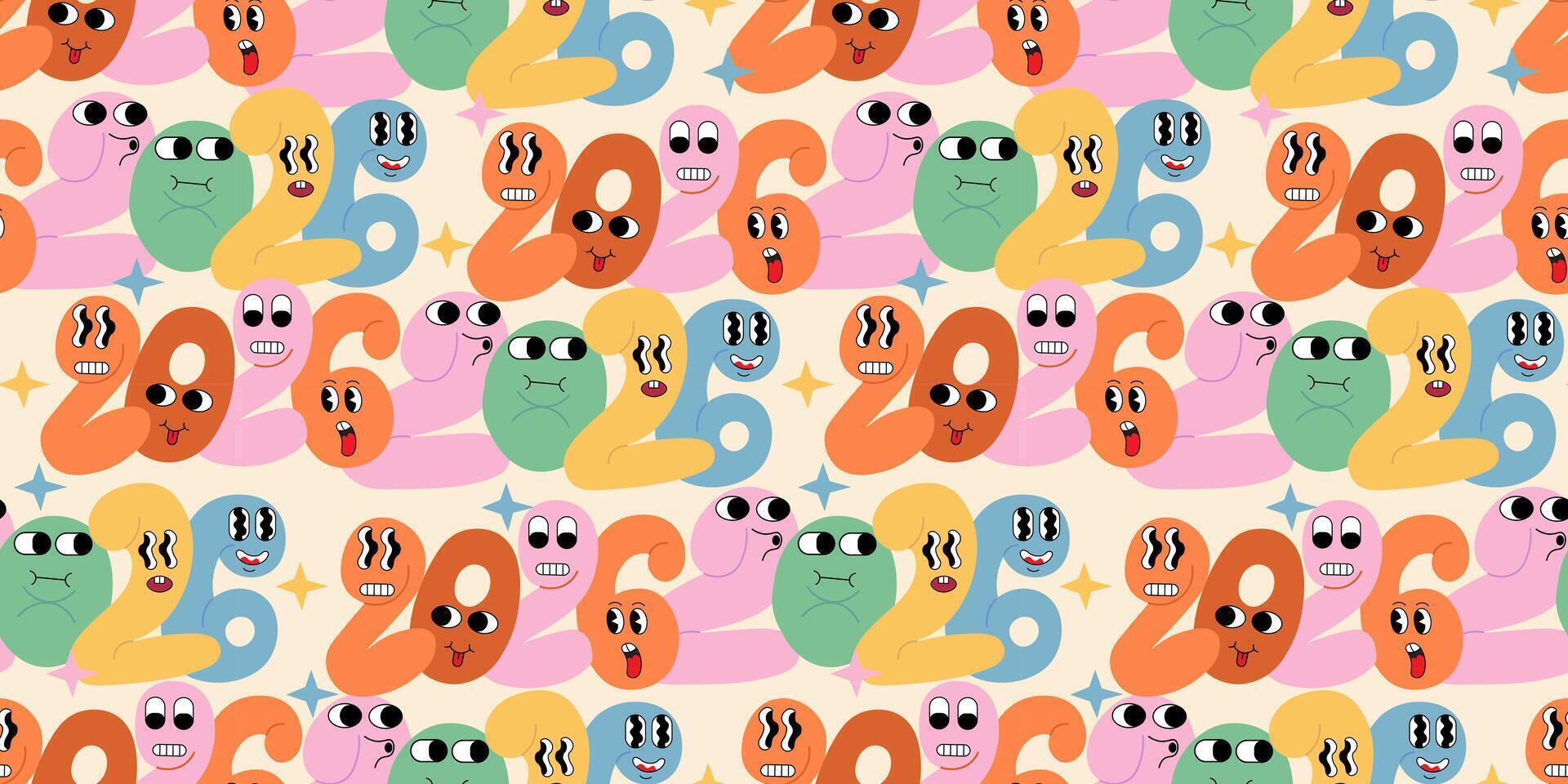seamless pattern with 2026 doodle characters vector