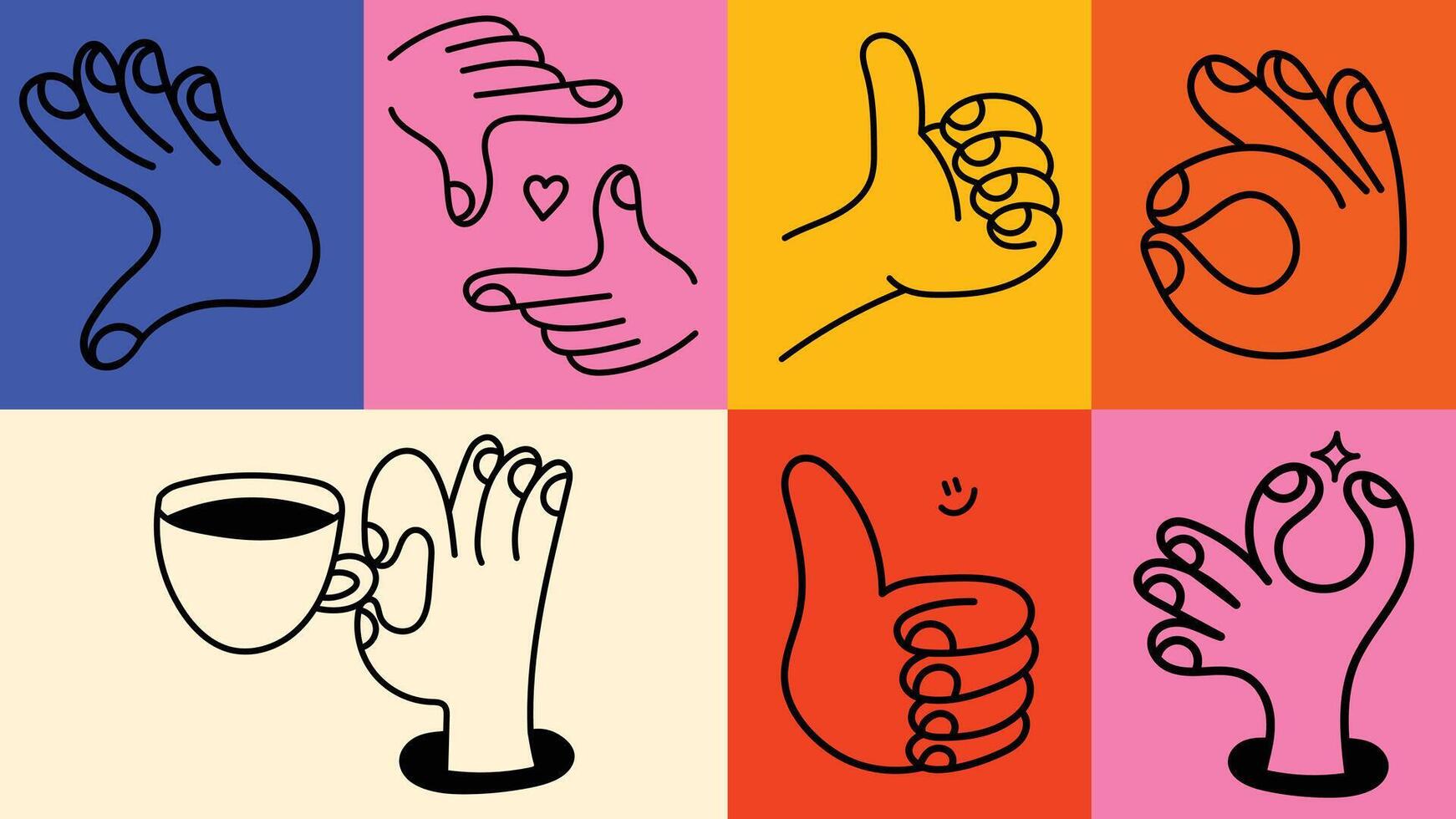 set of minimal linear icons with hand gestures and signs. Stylish hand-drawn elements for posters, prints, branding, and social media stickers. vector