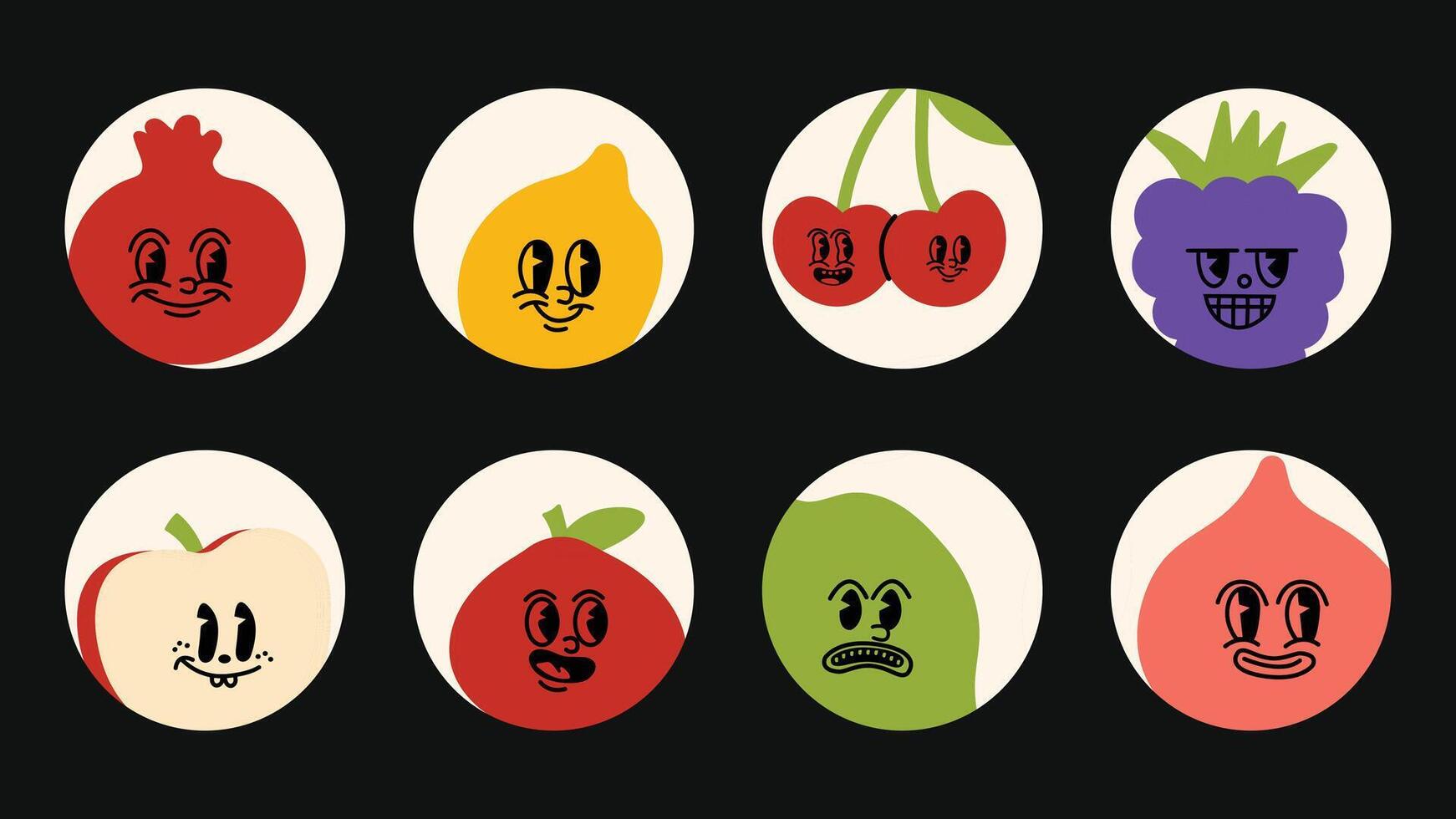 Bright cartoon design fruit set with circular avatar icons, joyful mascots, expressive line illustrations, and branding graphic vector
