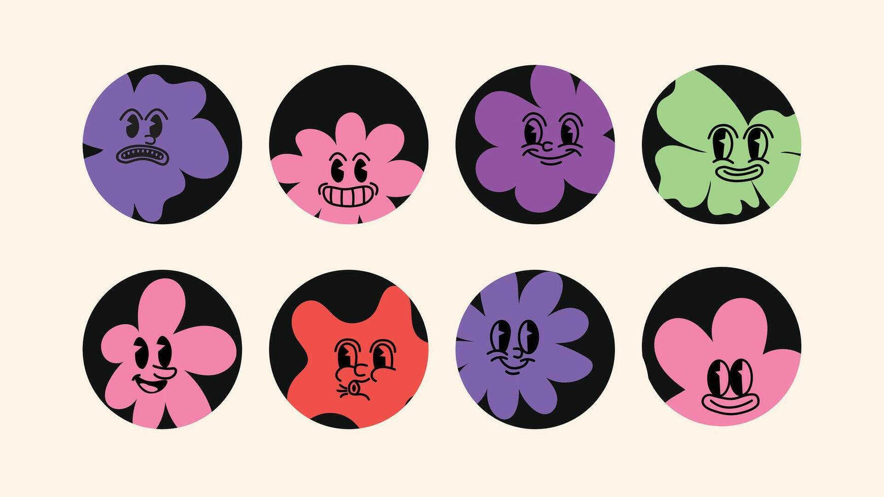 funny cartoon logos and round profile avatars with cute doodle mascots, vibrant stickers, and creative graphic design elements for promotional use. vector