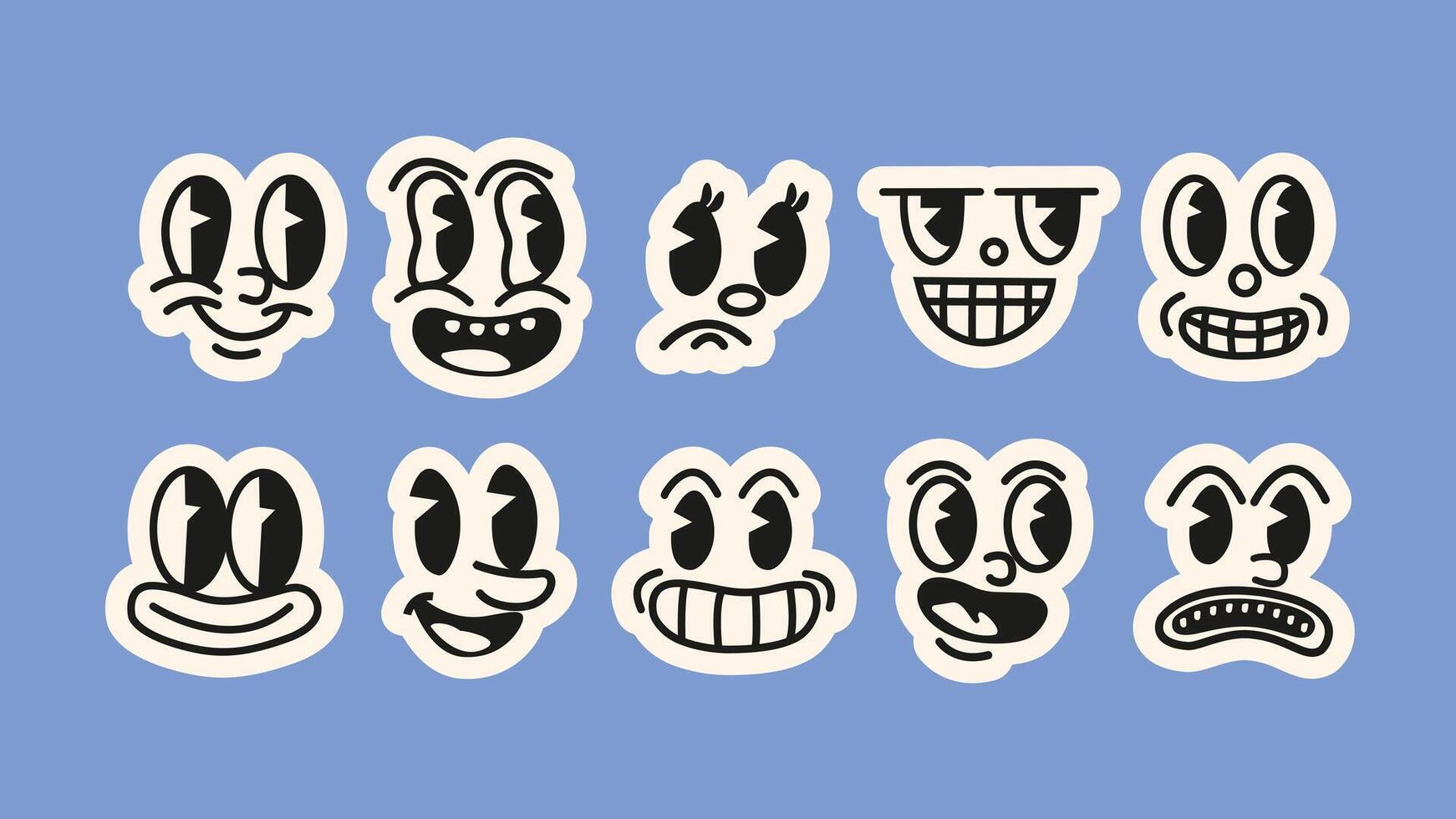 Cartoon face stickers mascots Collection of bold, abstract cartoon faces with expressive emotions happy, goofy, confused, and more. vector