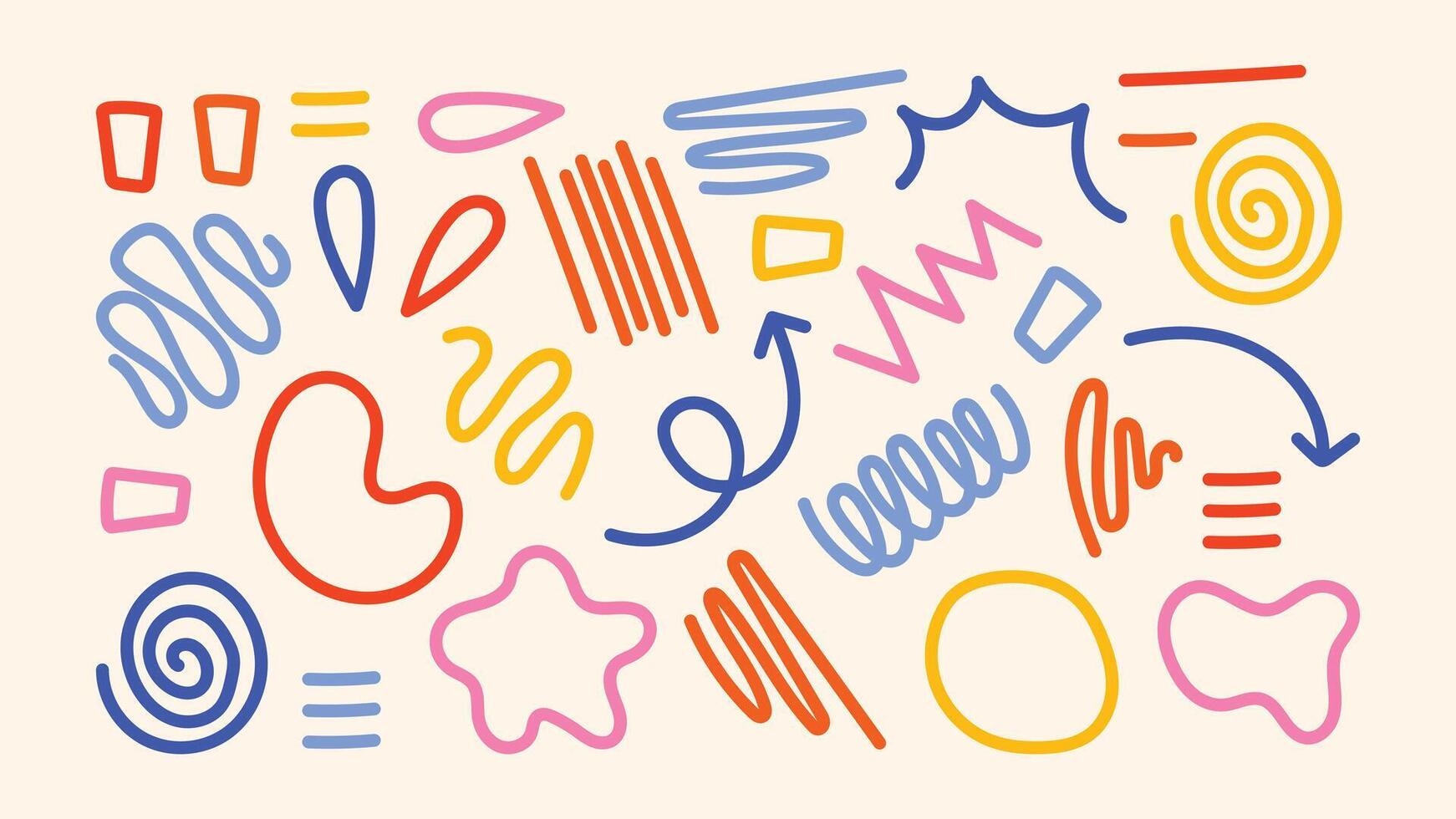 Retro-style collection of icons- swirls, arrows, rough lines, and messy text frames. Inspired by kindergarten drawings and creative chaos. Great for playful branding and education design. vector