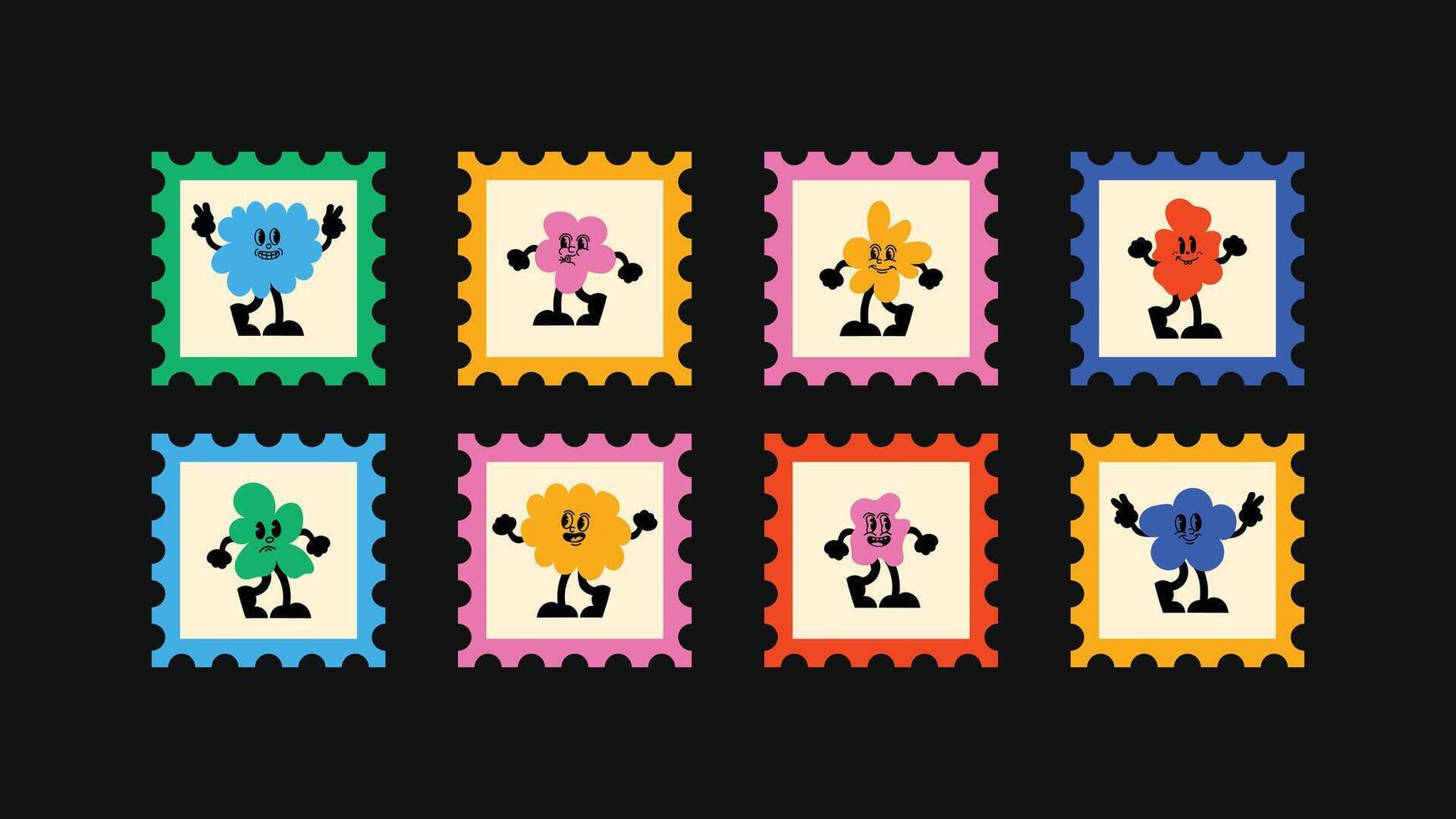 A pack of square stamps and smiling mascots vector