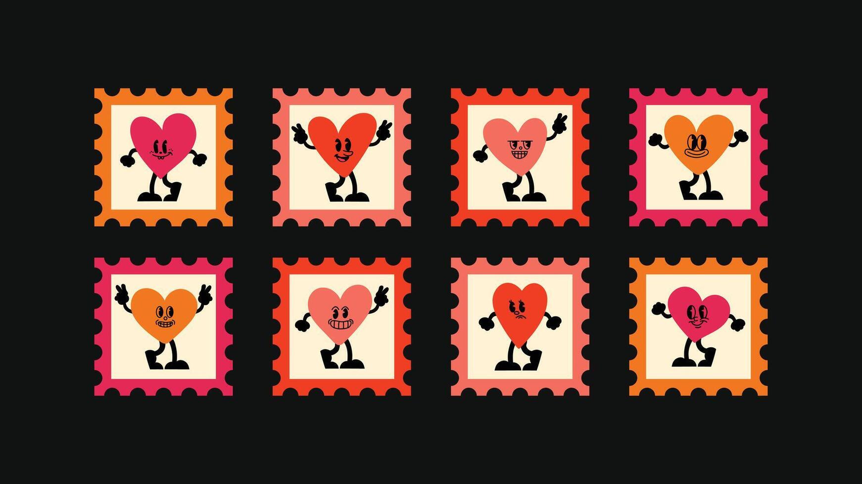 logo design set with square banners, postage stamp and funny cartoon mascots includes smiling characters, hearts, abstract stickers vector