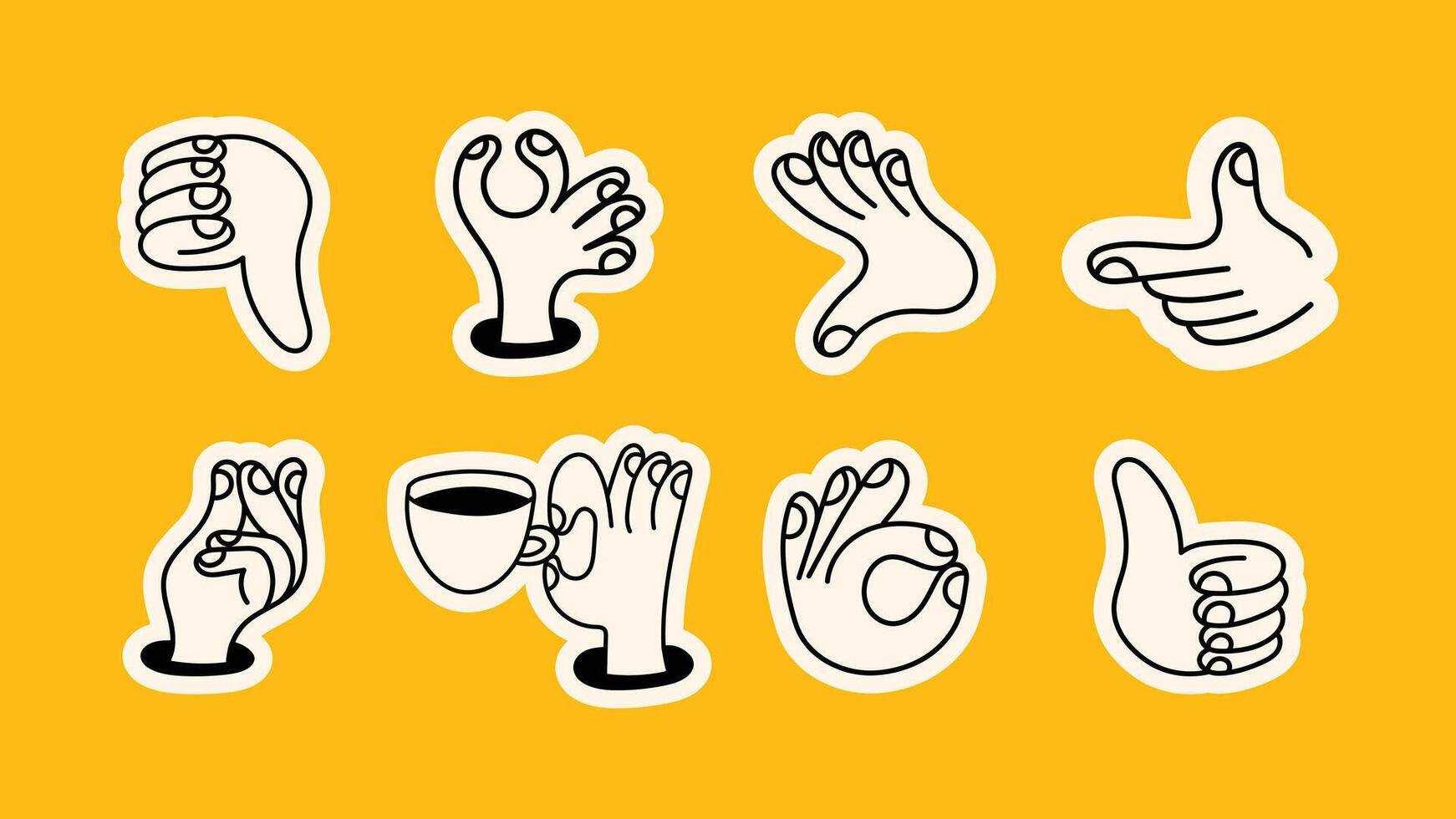 set of doodle icons and linear hand illustrations creative hand gestures in modern minimal style, perfect for posters, stickers, logos, and social media content. vector