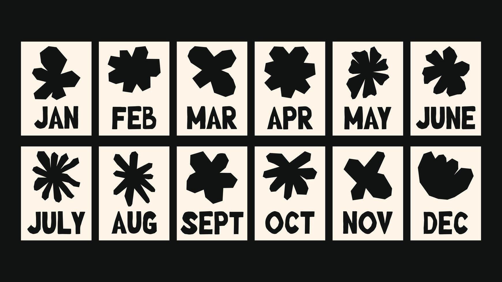 art calendar in colorful naive and hippie style, hand drawn botanical illustrations, bold wavy shapes and abstract patterns, suitable for modern wall calendars and decorative monthly prints. vector
