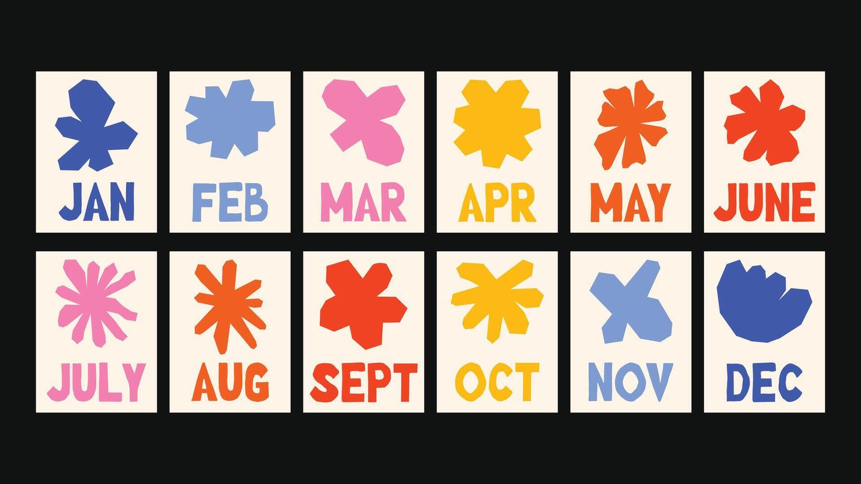 calendar illustration in simple Matisse naive and hippie groovy style, flowers and plants, floral botanic hand drawn design templates, modern art prints, posters, placards, and monthly planner layout. vector