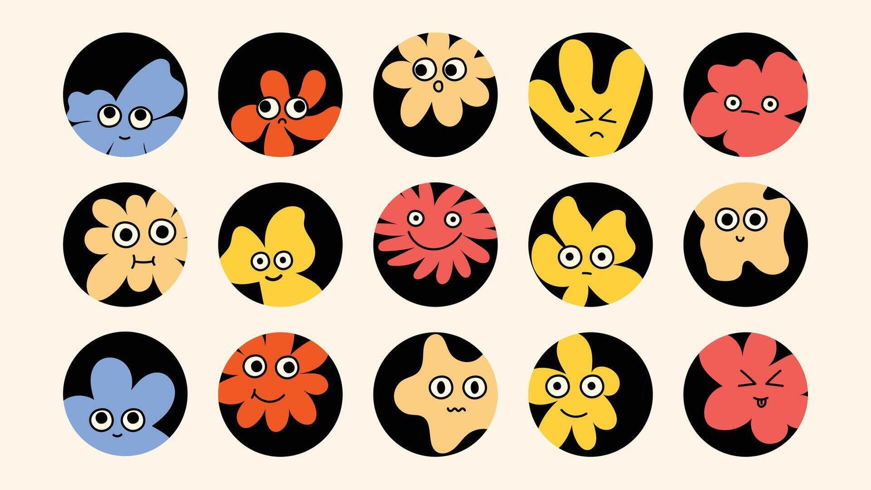 logo design kit with smiling cartoon mascots, round avatar icons, abstract line stickers, and playful graphic elements for branding, advertising, and posters. vector
